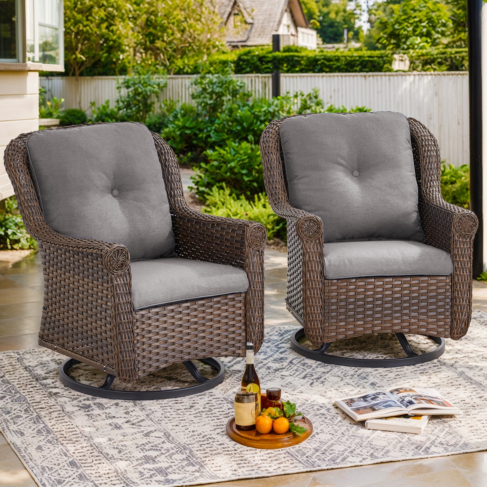  PASPBR20-3 PACHAIRS-T Set of 2 Wicker Brown Steel Frame Swivel glider Conversation Chair with Gray Cushioned Seat