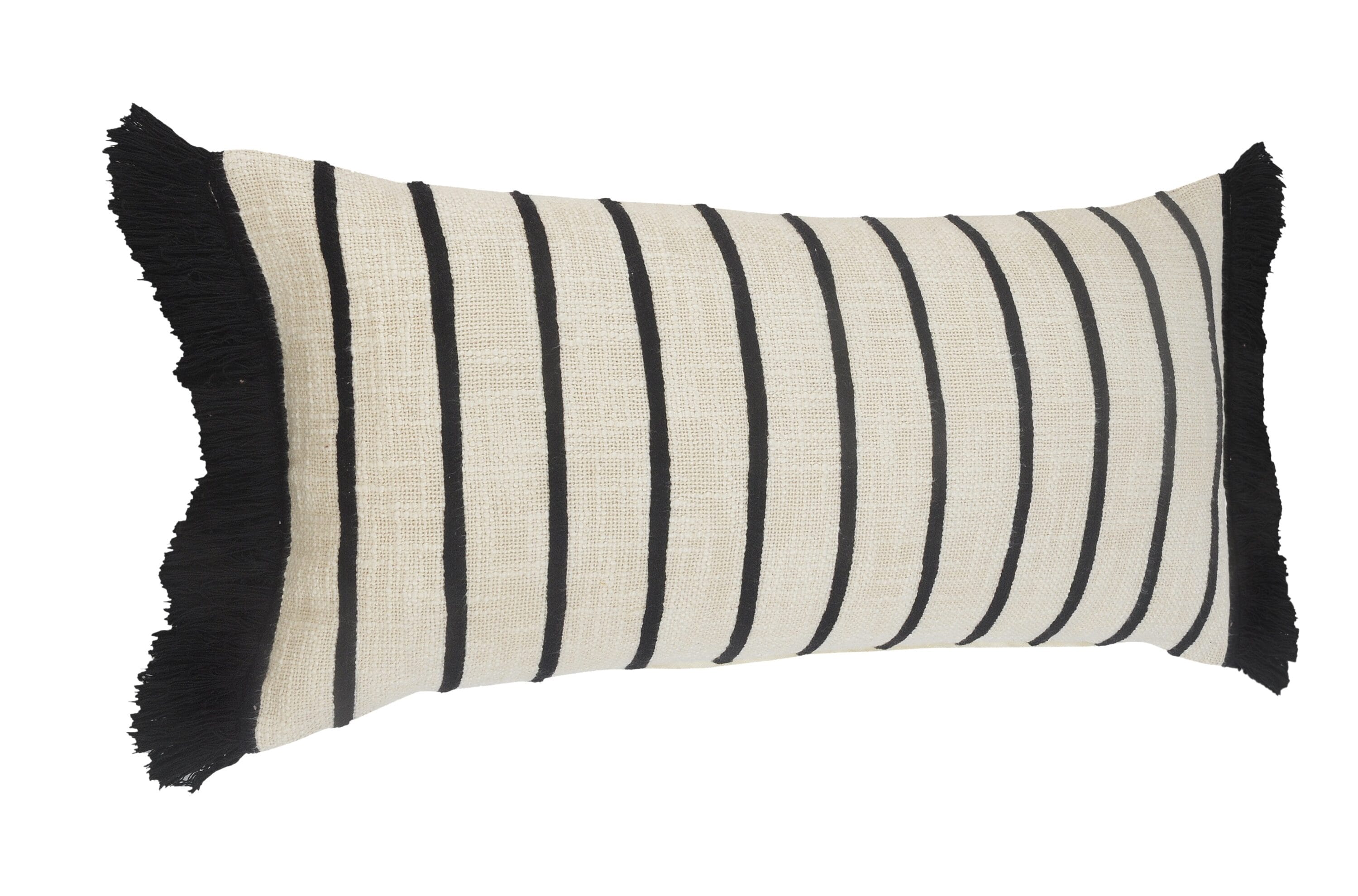 Ivory and Black Striped Cotton Fringe Throw Pillow 28" x 12"