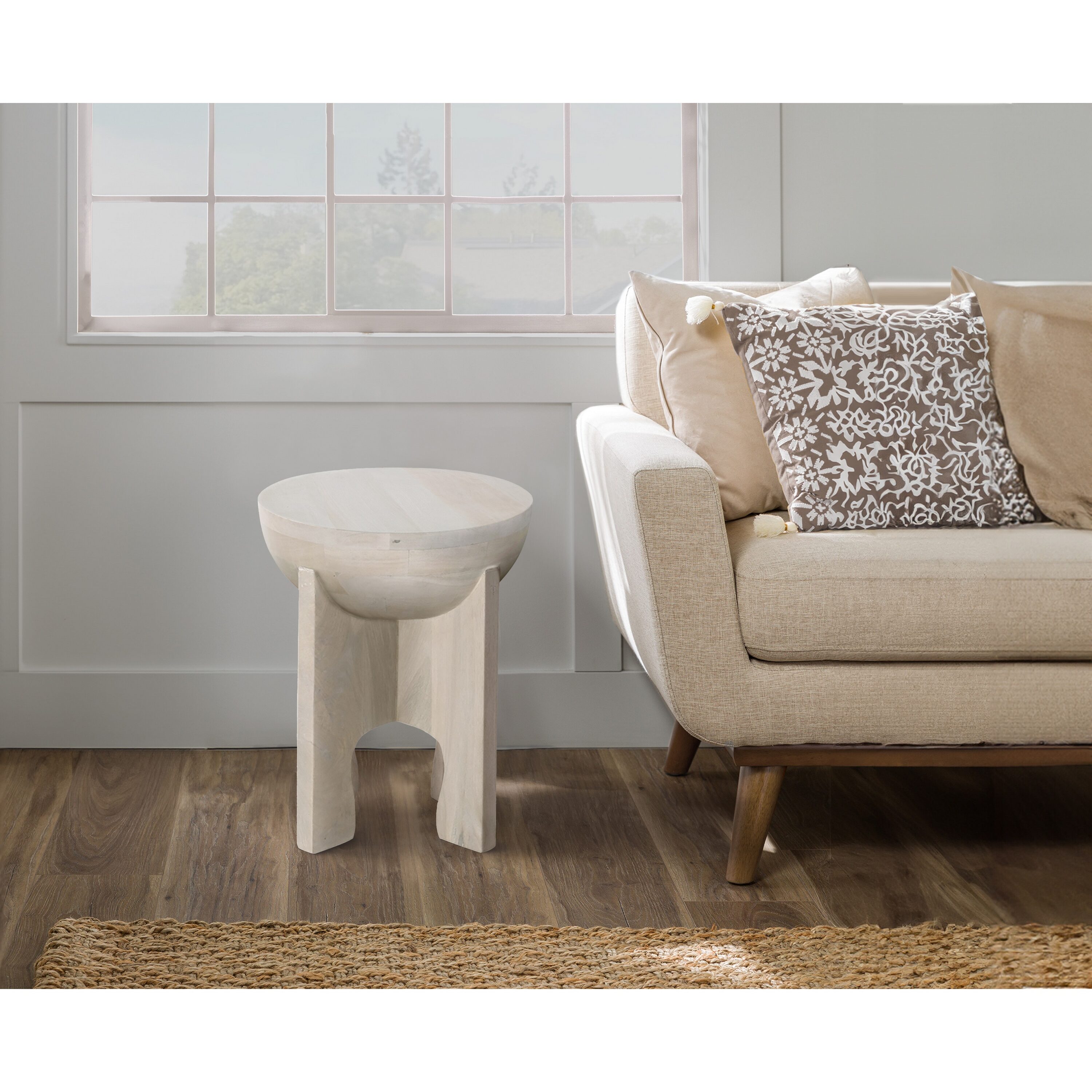 Washed White Mango Wood Round Side End Table, 20" Height