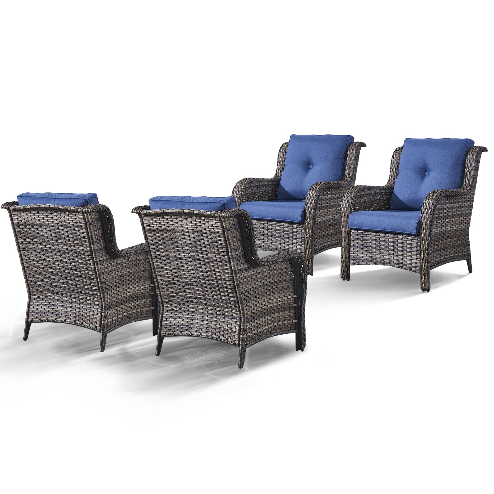 Rilyson FS017-1X2 Curved armrest Set of 4 Wicker Gray Wicker Frame Stationary Conversation Chair with Blue Blue Cushioned Seat