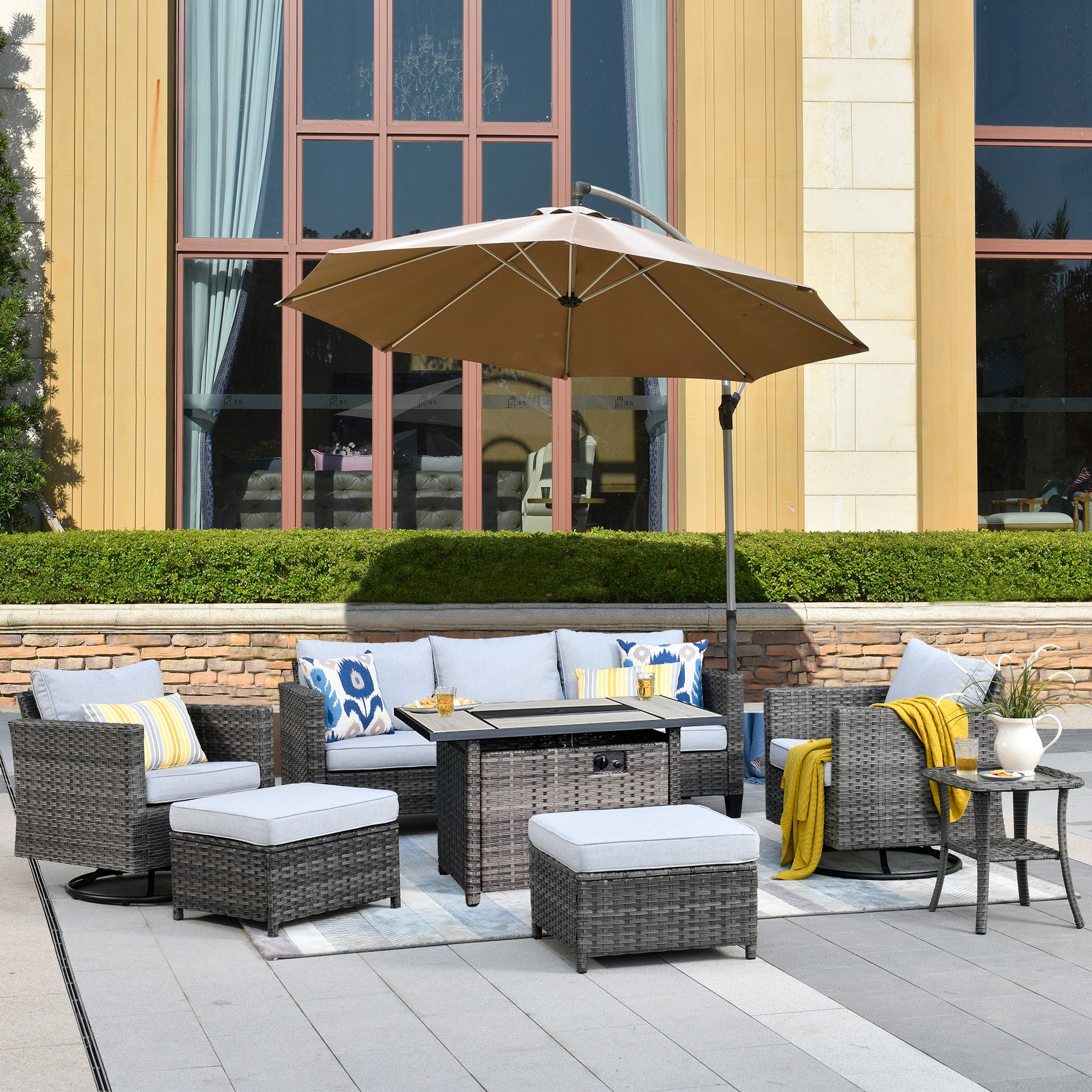XIZZI XSQRC7174-CFP Lullaby 7 -Piece Rattan Patio Sofa Conversation Set with Gray Cushions