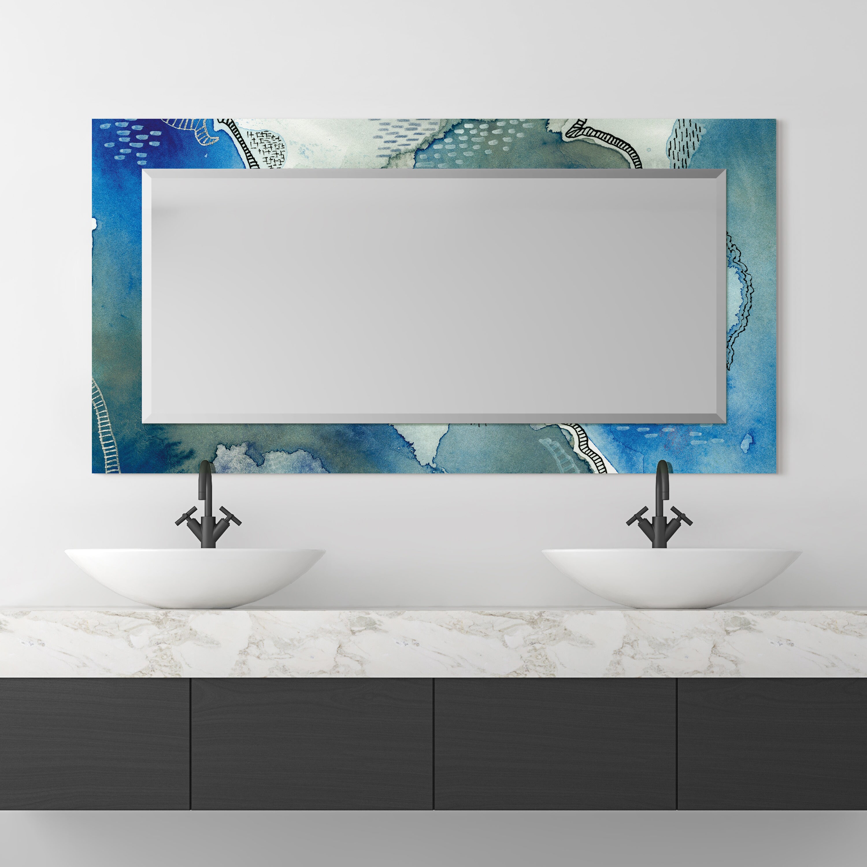 54" x 28" Blue Abstract Frameless Tempered Glass Wall Mirror