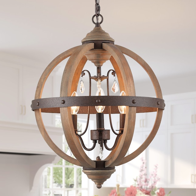 Farmhouse Crystal Chandelier, Wood And Iron Globe Chandelier