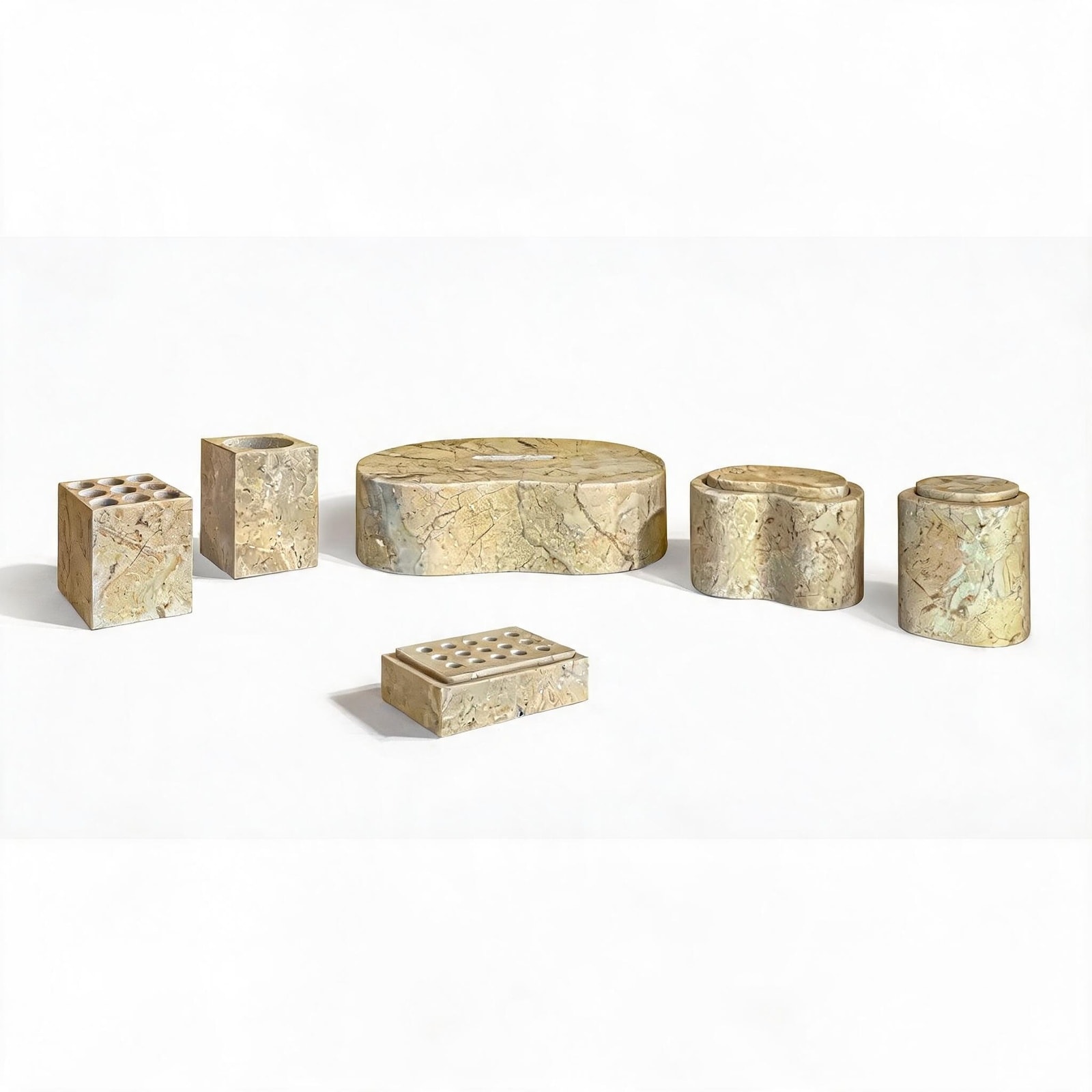 LIVACA Gold Natural Marble Honed Finished Bathroom Accessories Set 6-Piece Genuine Stone Modern Bathroom Decor with Unique Veining Patterns