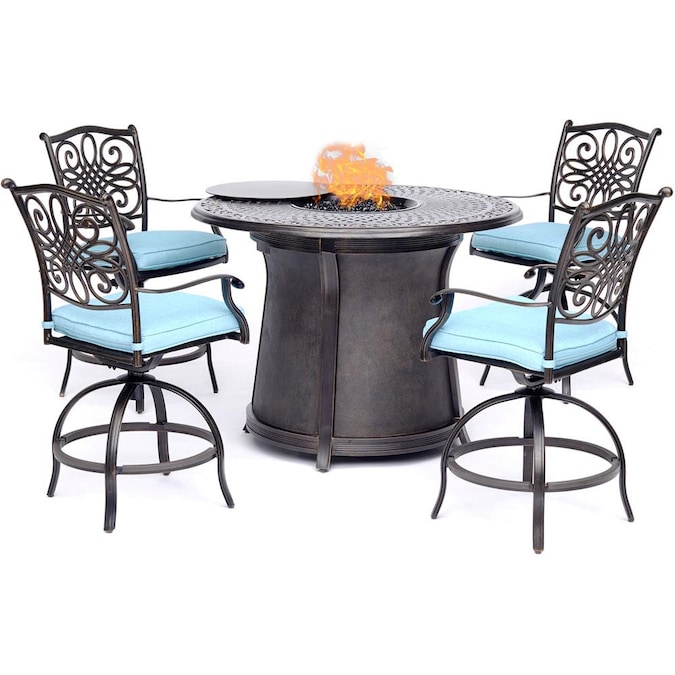 5 Piece Bronze Patio Dining Set, High Top Fire Pit Table And Chairs