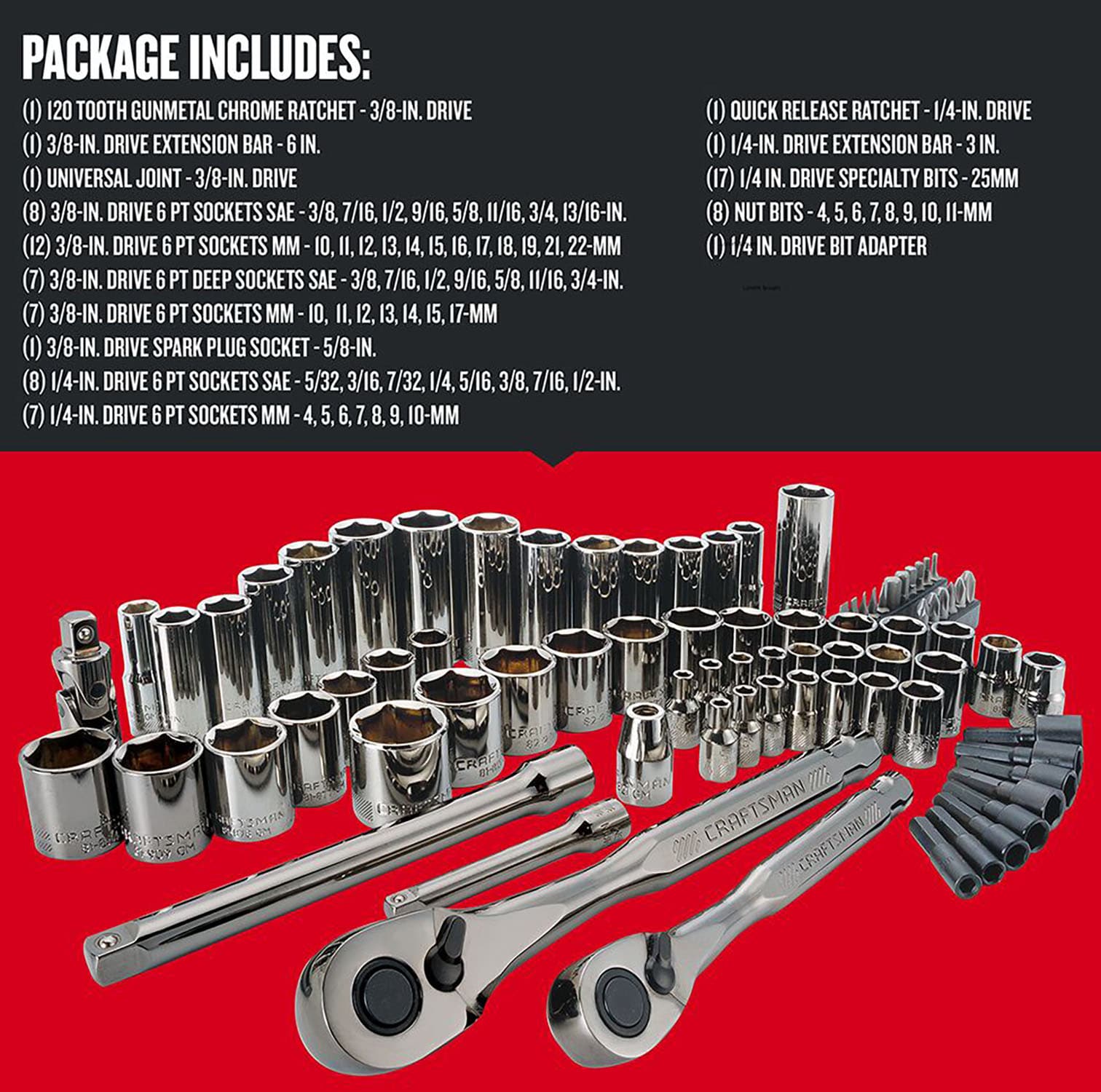 CRAFTSMAN 81-Piece Standard (SAE) and Metric Gunmetal Chrome Mechanics Tool  Set with Hard Case in the Mechanics Tool Sets department at