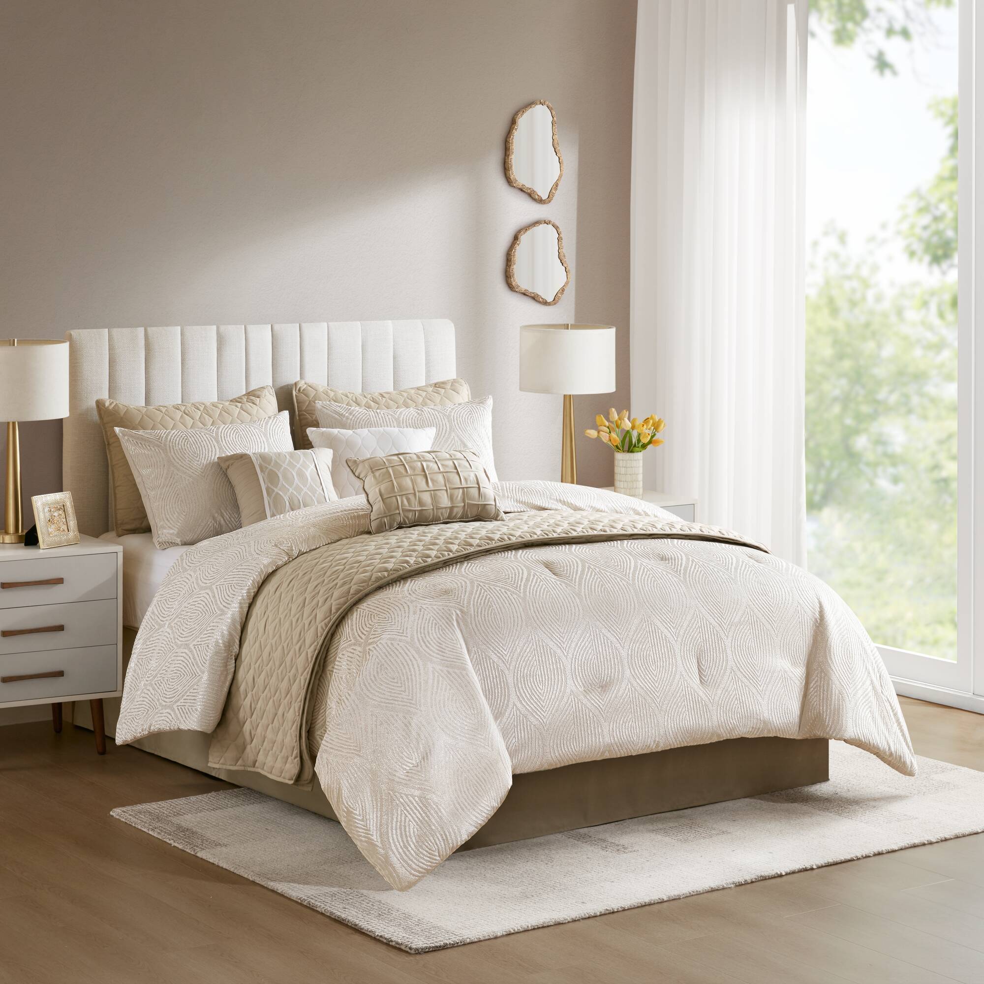 Roomfitters  10Piece King Jacquard Comforter Bedding Set with Quilt Bedskirt Shams and Decorative Pillows Champagne