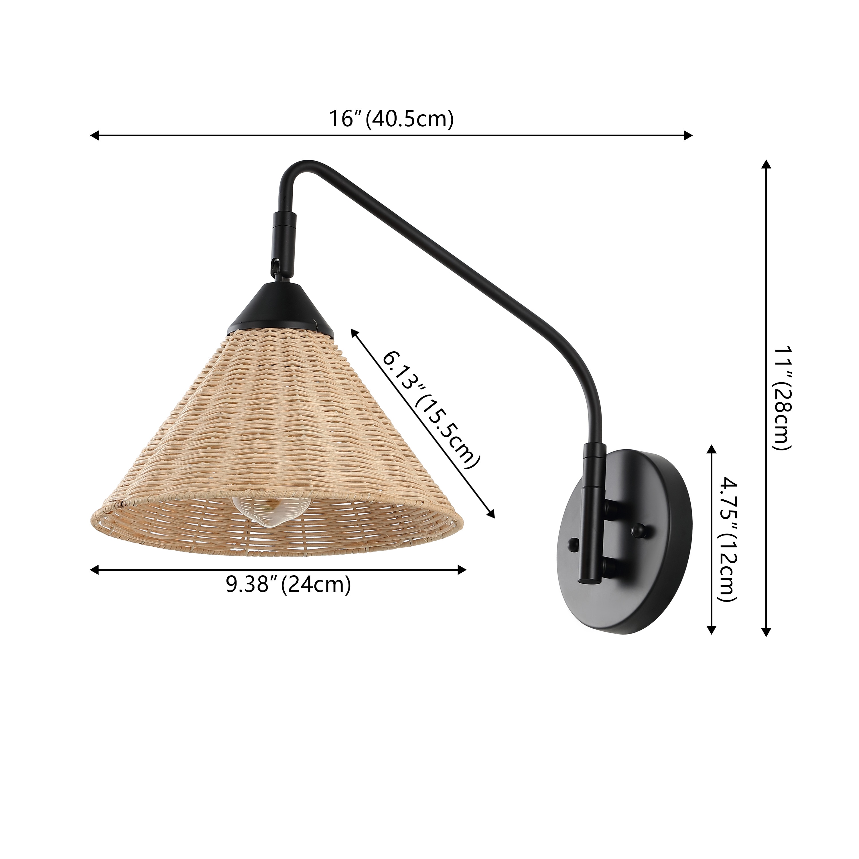 Black Iron Swing Arm Sconce with Natural Woven Shade