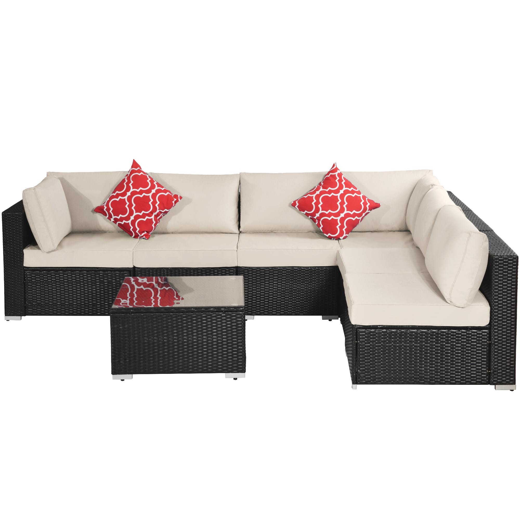 Bayfeve BFAG-213S003 7-Piece PE Rattan Wicker Patio Conversation Set Garden Patio Furniture Set Sectional Cushioned Sofa Set with 2 Pillows and Coffee Table