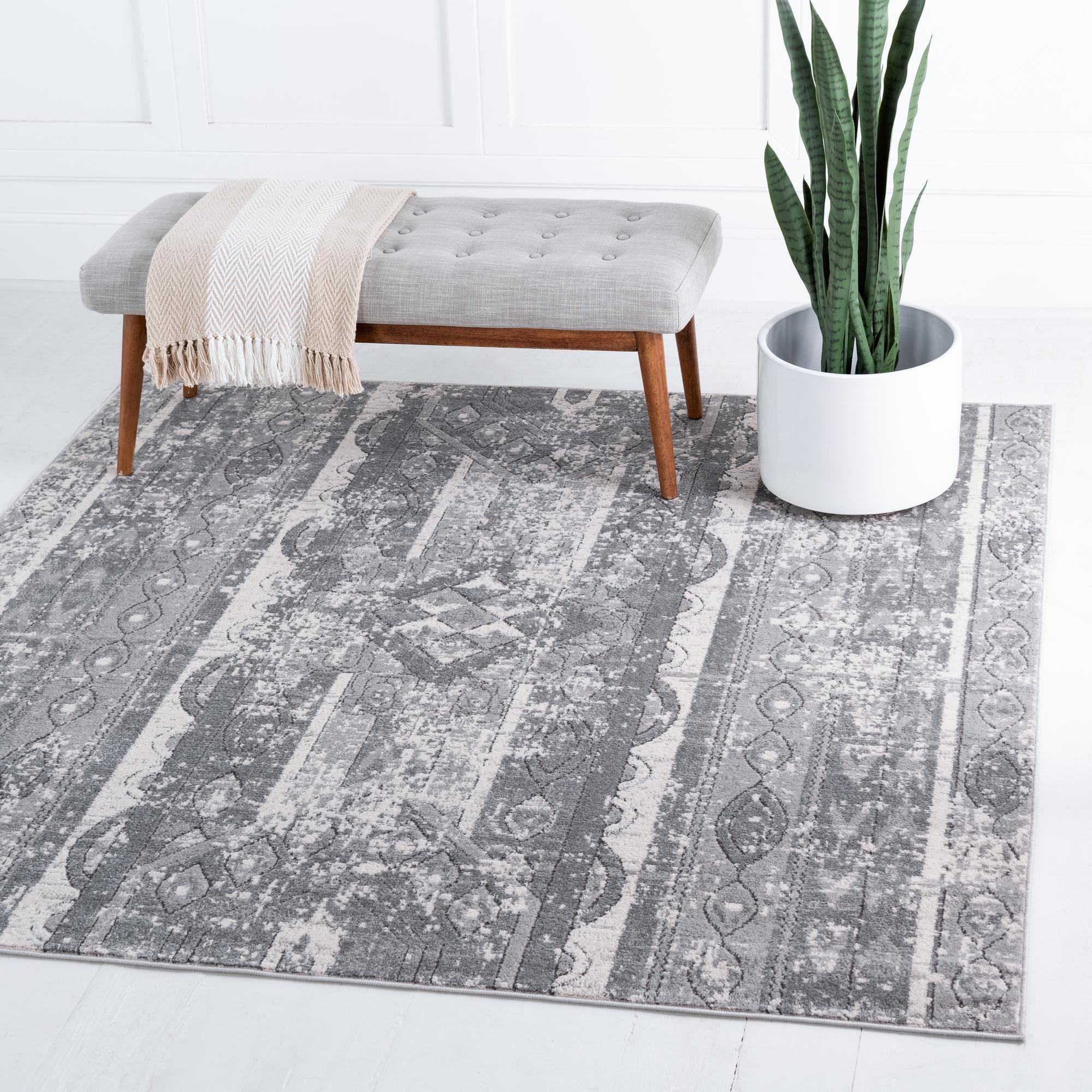 Gray Geometric Square Stain-Resistant Area Rug