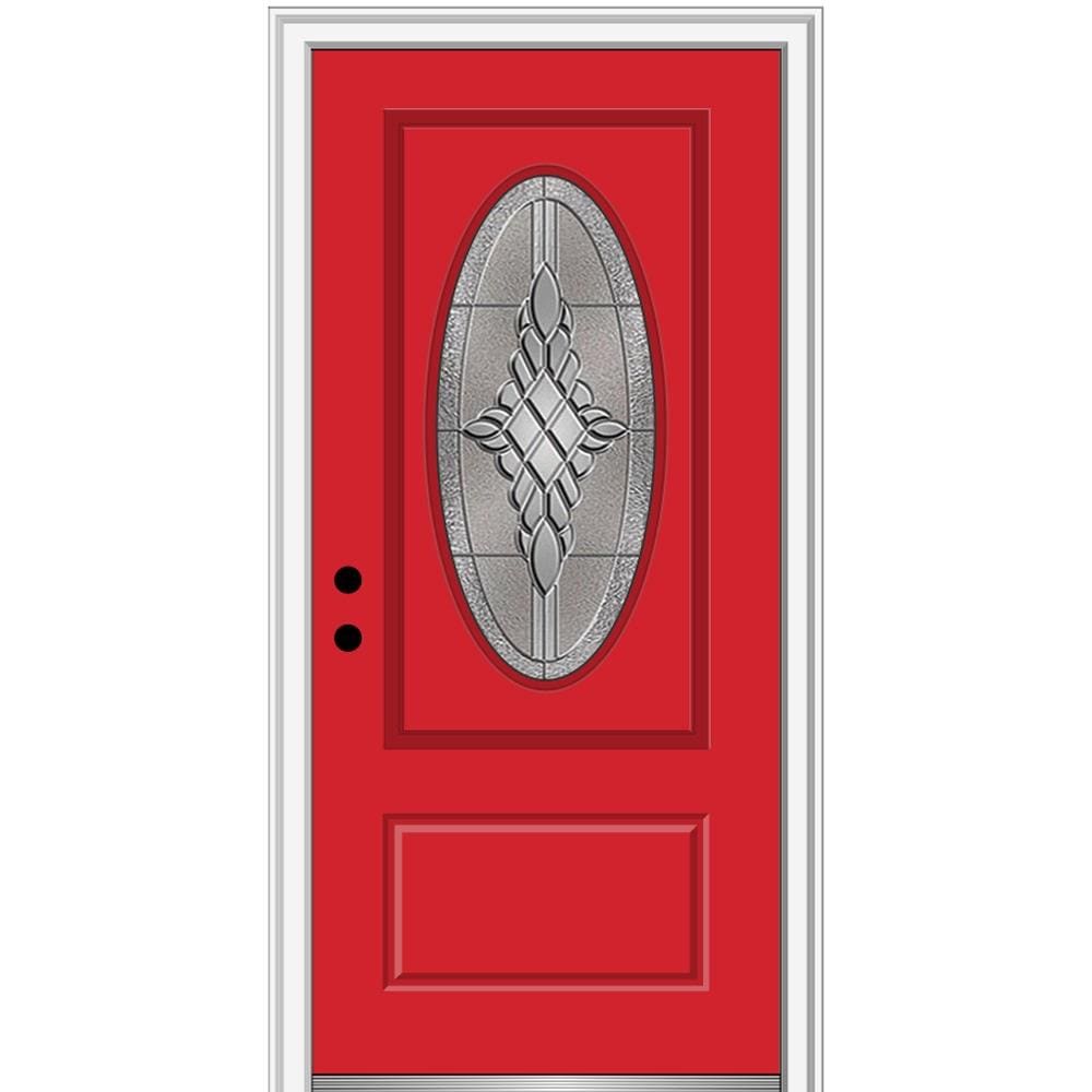 MMI DOOR ZZ3667767R 36-in x 80-in x 6-9/16-in Fiberglass Oval lite Right-hand inswing Red Saffron Painted Prehung Front Door with Brickmould Insulating core