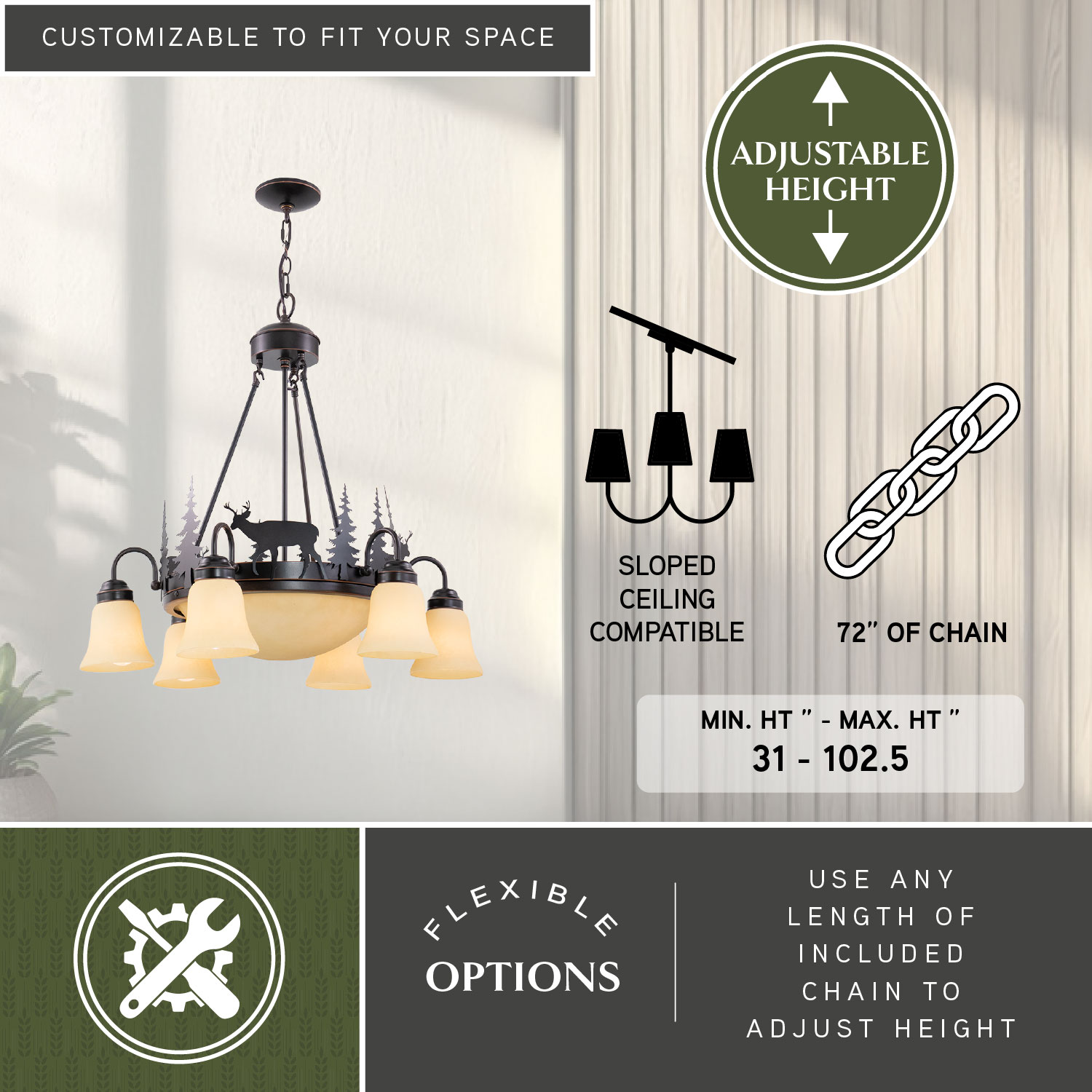 Rustic Deer Silhouette 9-Light Chandelier in Burnished Bronze