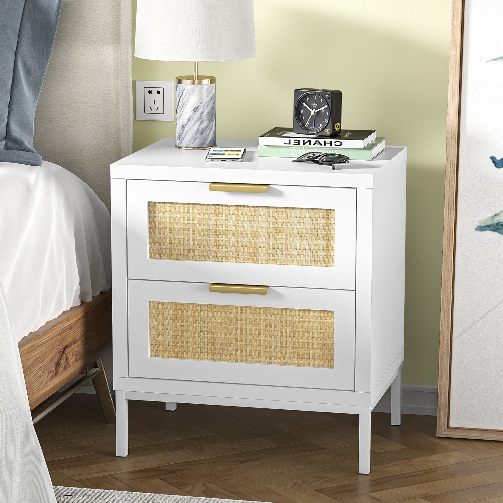 Delarpo H0011 Rattan White Bedside Table Nightstand