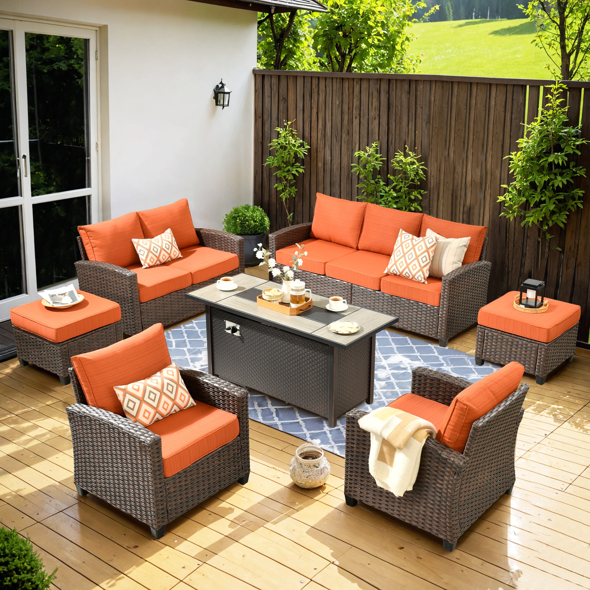 Ovios RFP5PR806 7 -Piece Rattan Patio Sofa Conversation Set with Orange Cushions