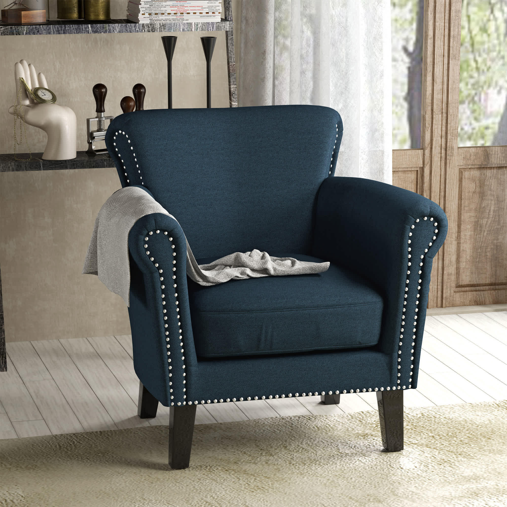 Roomfitters Rolled Arm Accent Chair with Nailhead Trim and Tapered Wood ...