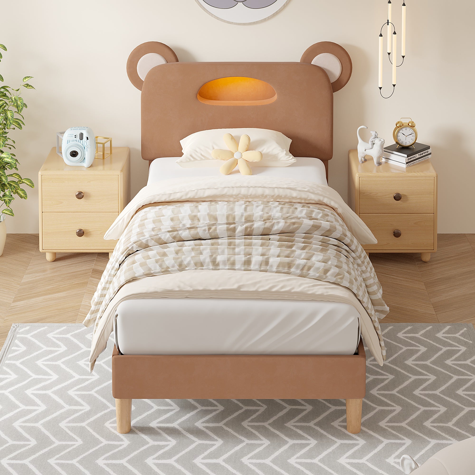Vecelo LOE-ET09-BRN LED Light Twin Size Bed Frame with Bear Shaped Adjustable Upholstered Headboard Strong Wooden Slat Support Retro Brown