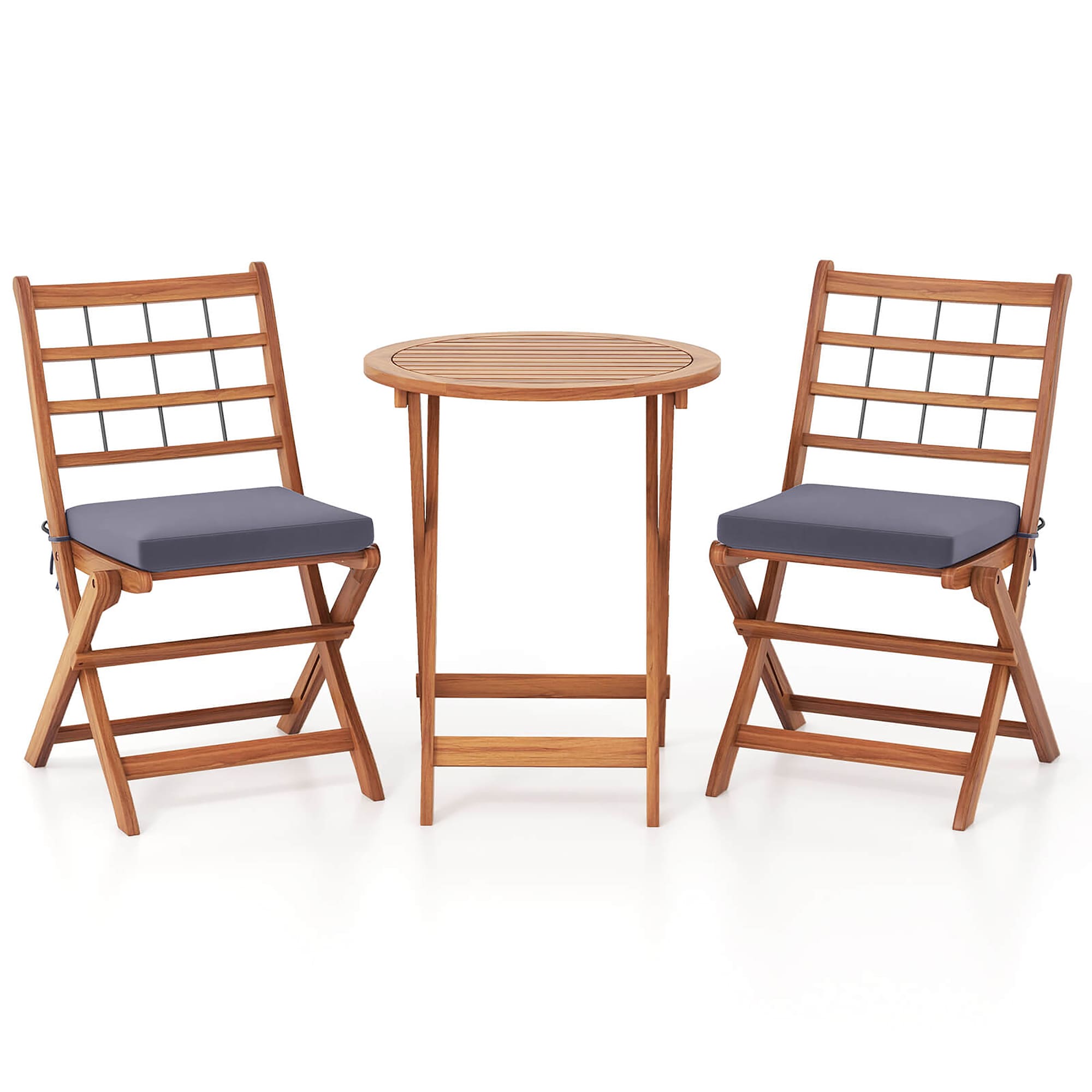 Costway HCST04474 3 -Piece Natural Bistro Patio Dining Set Wood Round Table with 2 Gray Cushions Stationary Chairs