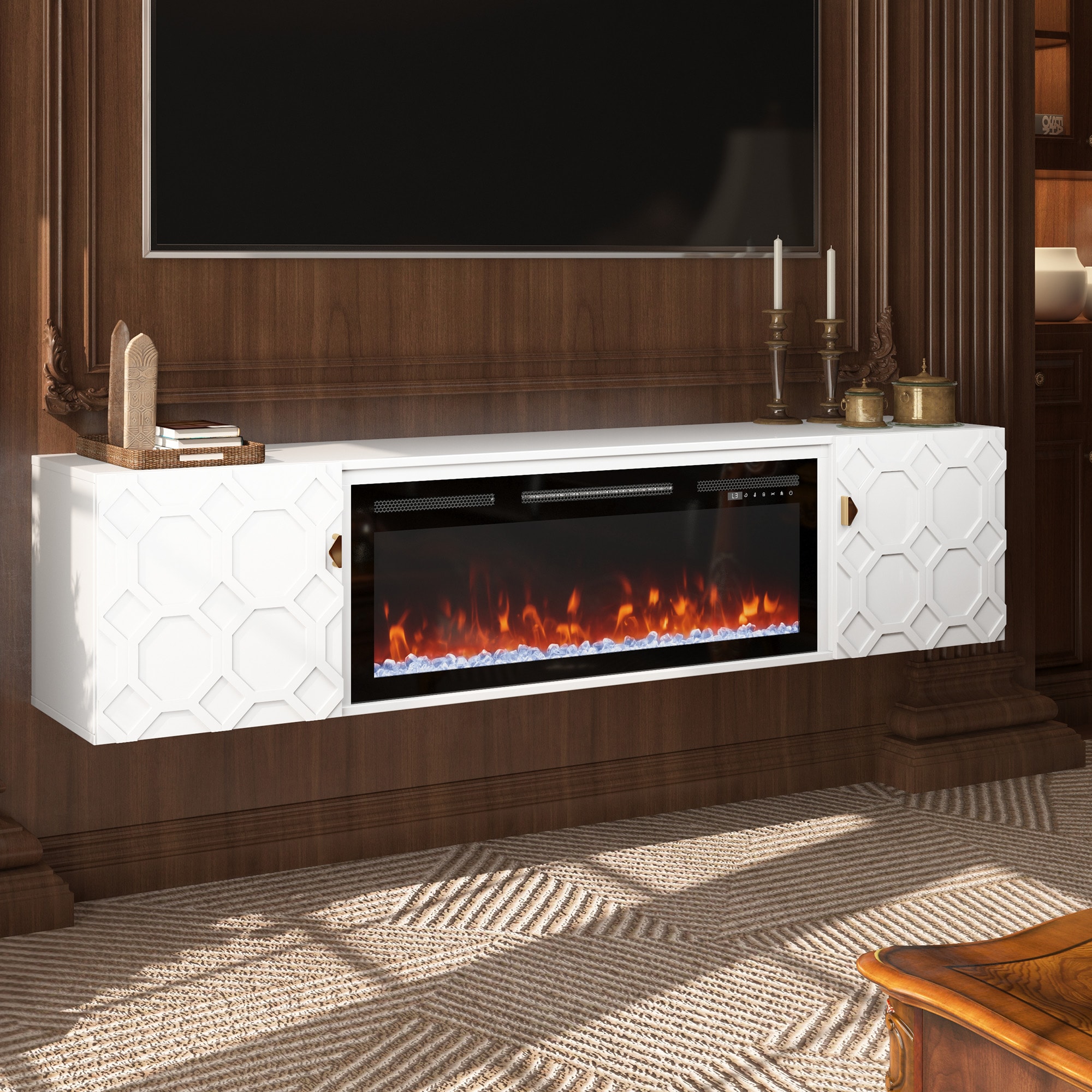 Mondawe MO-YL87714 60.23-in W White TV Stand with Fan-forced Flat wall Electric Fireplace with Remote Control Included