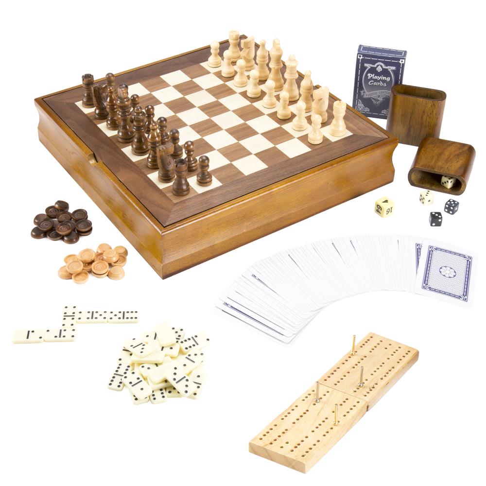 Toy Time 7-in-1 Classic Wooden Board Game Set - Chess, Checkers