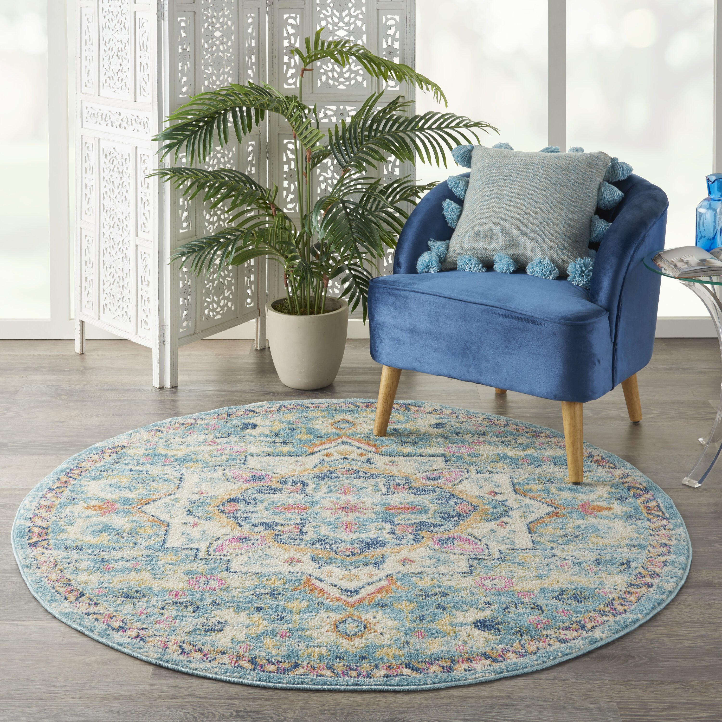 Nourison 99446747921 Passion 4 x 4 (ft) Loomed Polypropylene Ivory/light blue Round Indoor Abstract Area rug
