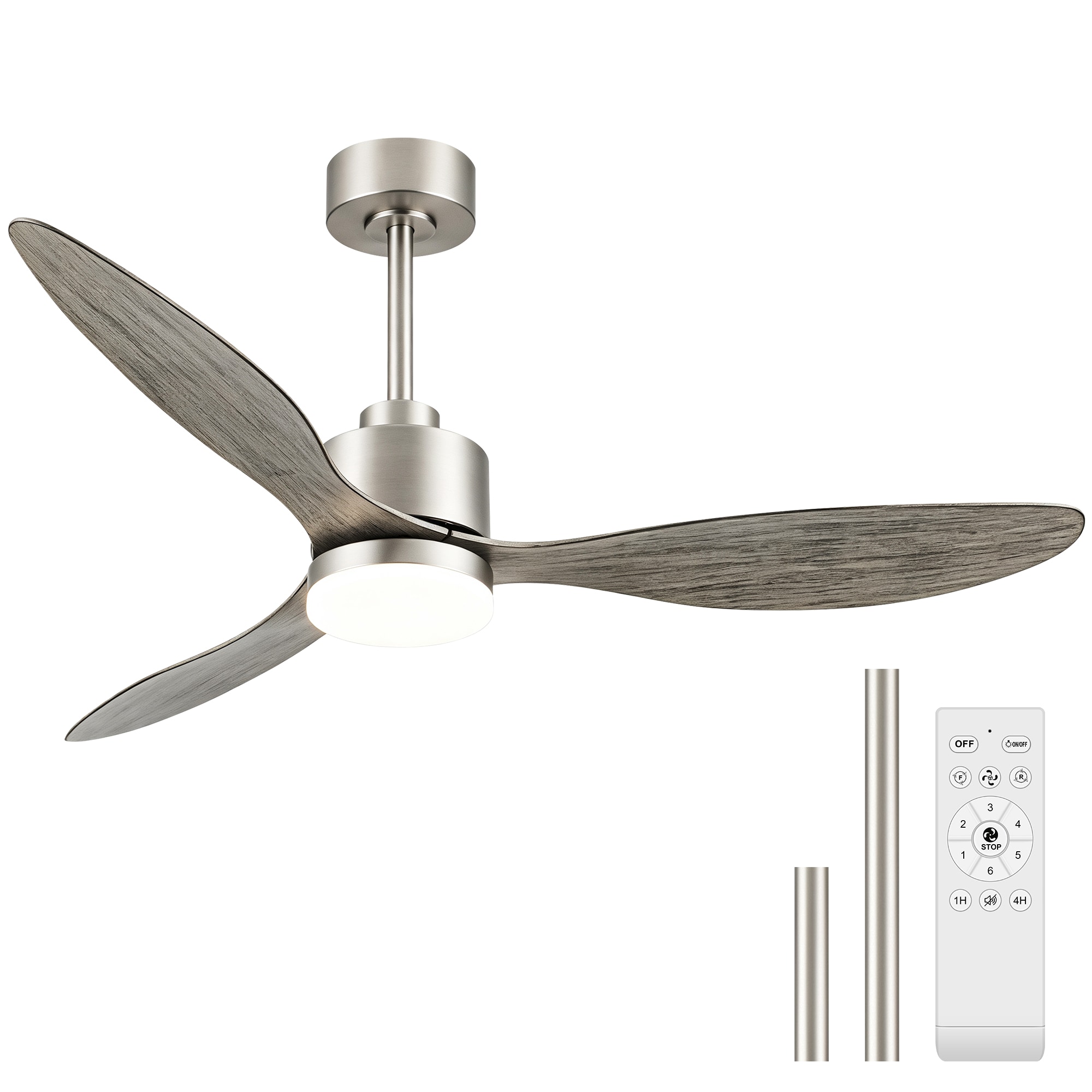 WindPhoto 52-in Satin Nickel with Gray Wood Grain ABS Blades 3-CCT Integrated LED Indoor Downrod Modern Ceiling Fan With Light and Remote Control Included 3-Blade