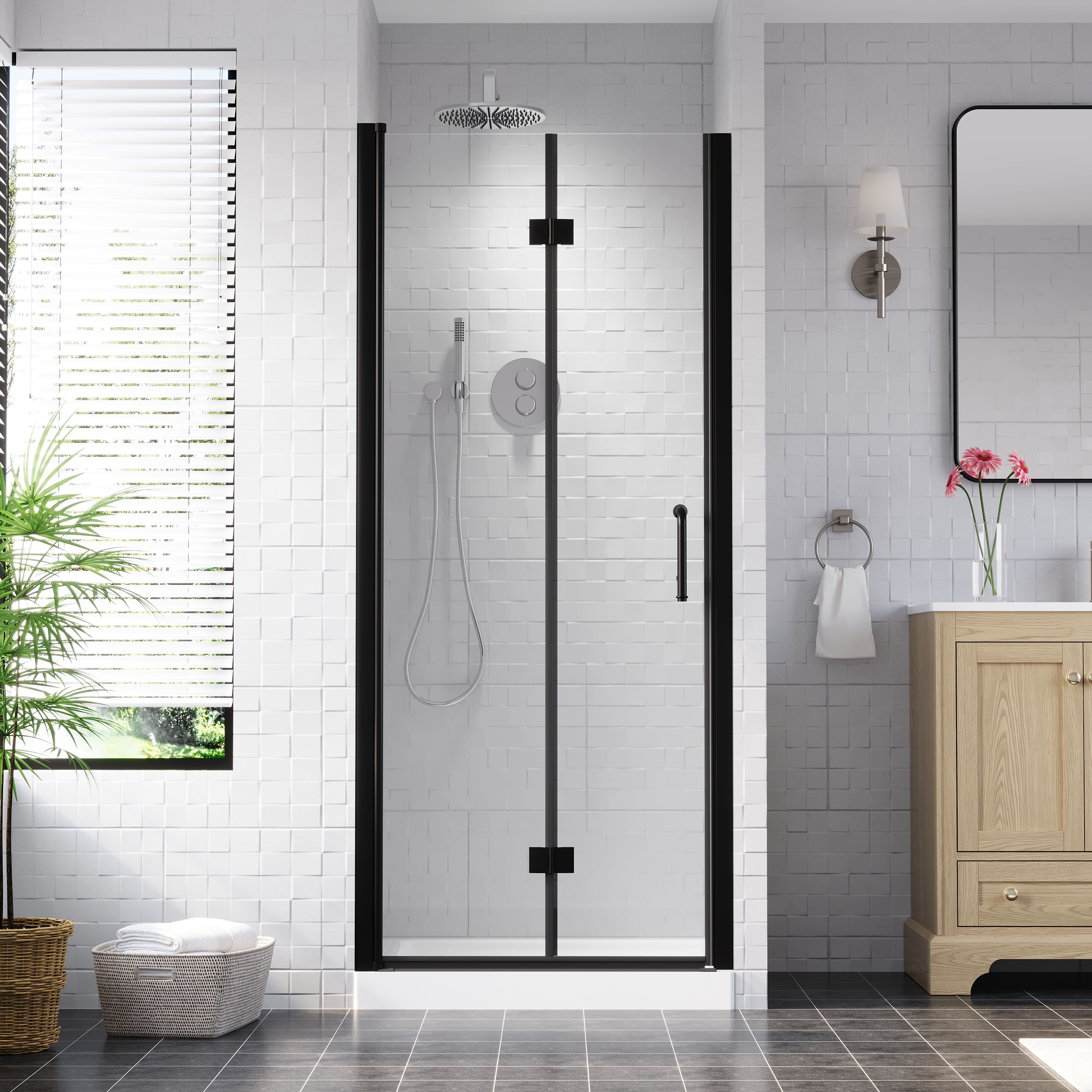 Forclover - ALE Black 32-in to 33-in W x 72-in H Framed Clear Glass Bifold Shower door