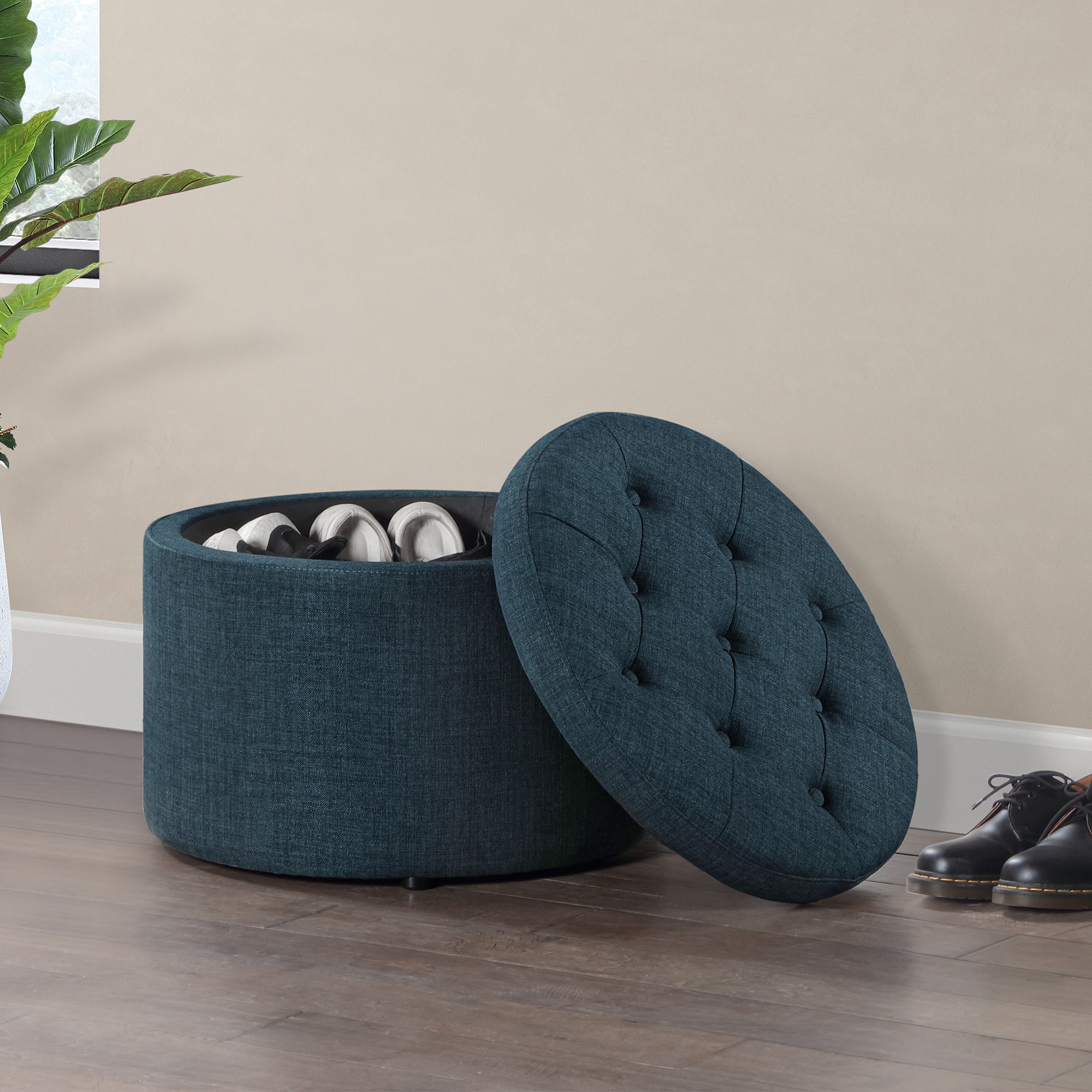 Convenience Concepts R9-155 Shoe Modern Dark Blue Fabric Round Storage Ottoman