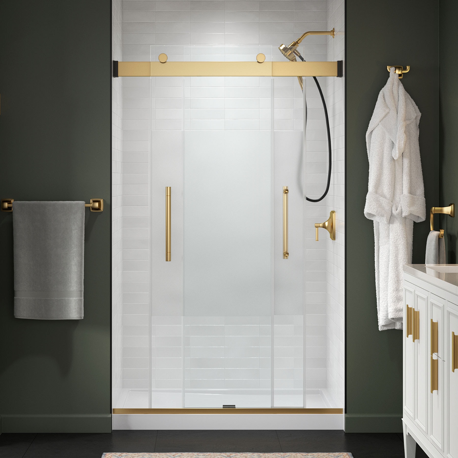 KOHLER 702475-8G81-2MB Premise Vibrant Brushed Moderne Brass 44-in to 48-in W x 75.75-in H Frameless Sliding Soft Close Shower Door 5/16-in Thick Clear Glass