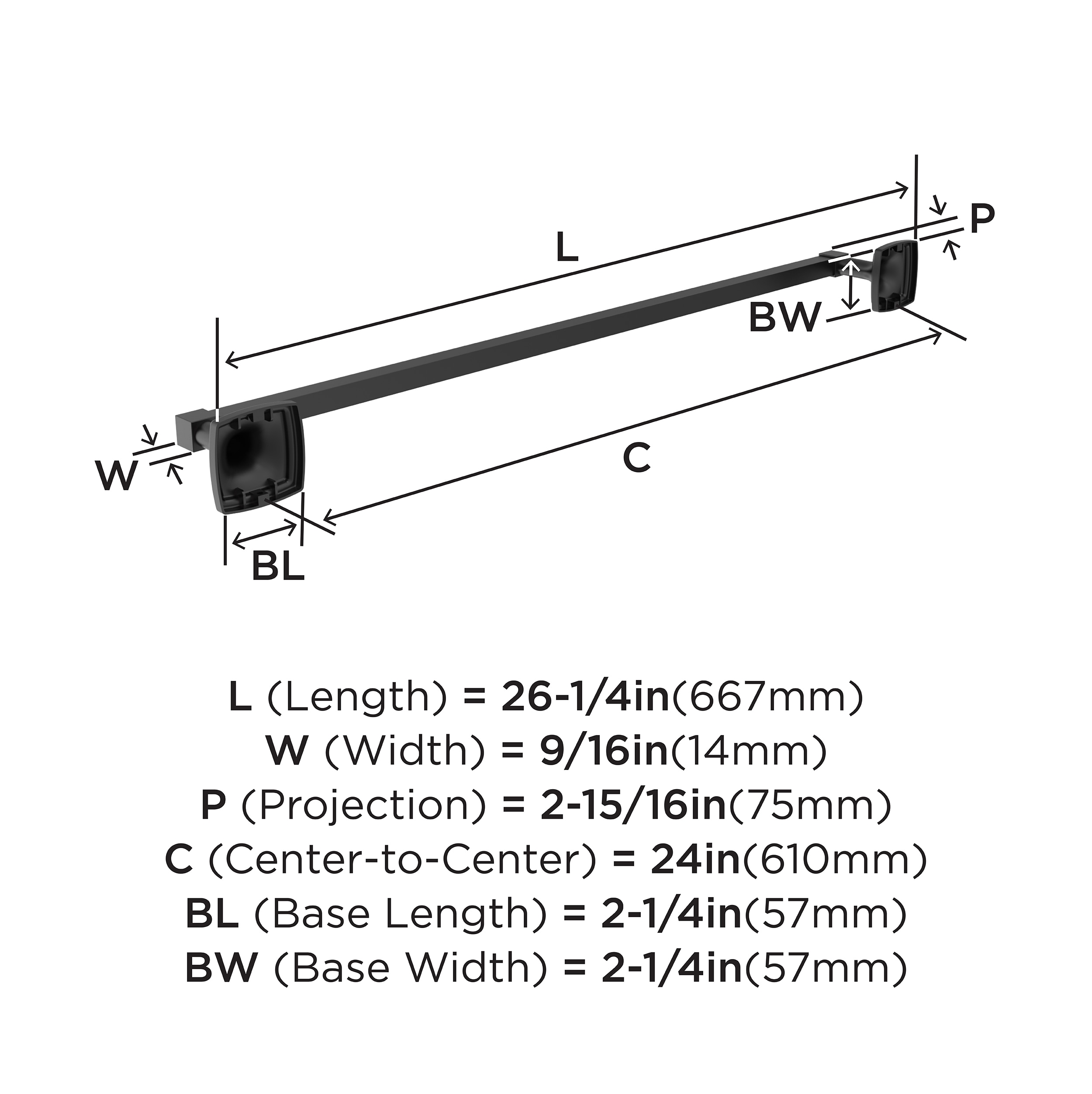 24-inch Matte Black Aluminum Wall Mounted Towel Bar
