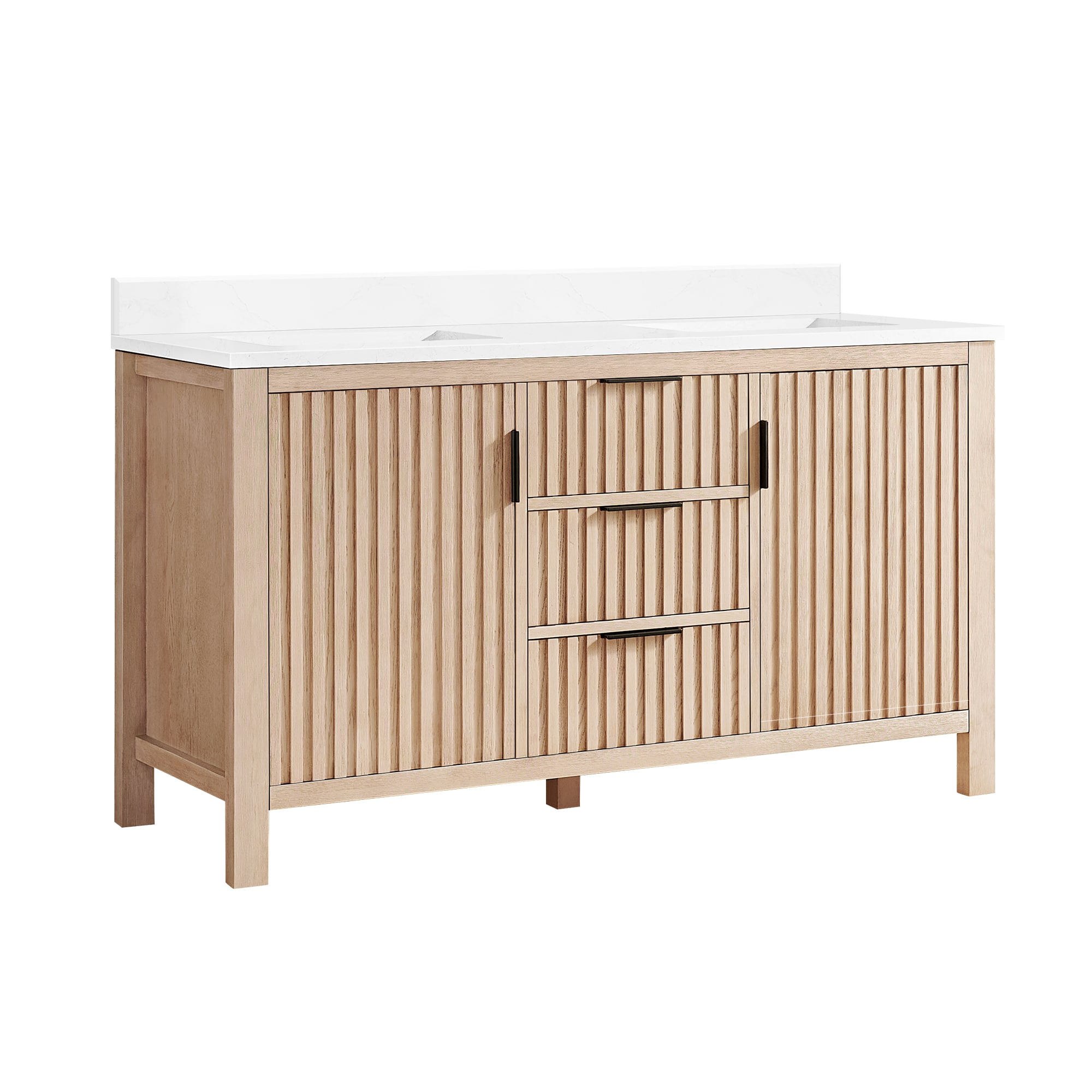 Vinnova 60-in Aged Natural Oak Finish Undermount Double Sink Bathroom Vanity with White Grain Engineered Stone Top (Fully Assembled)