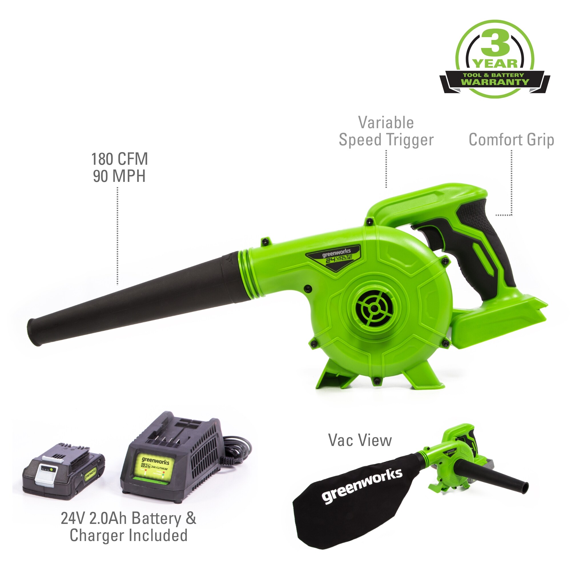 Leaf Blower Cordless with 2 Batteries and Charger, 24V 180CFM