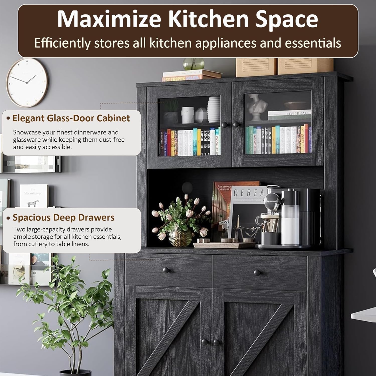 Der Rose 63 inch Tall Kitchen Pantry Cabinet with Drawers Hutch Glass ...