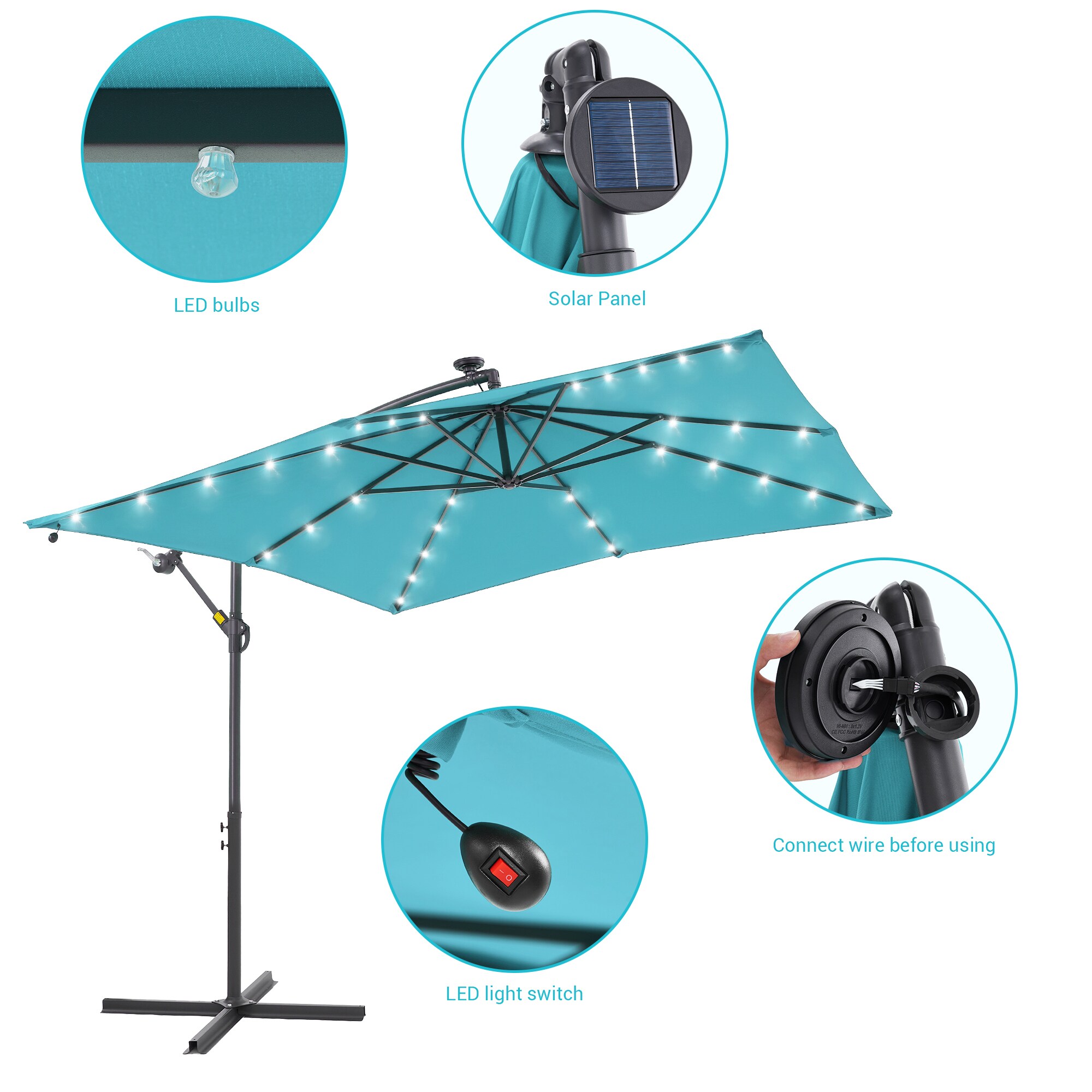 Acegoses 8.2-ft Steel Square Turquoise No-tilt Offset Patio Umbrella In 