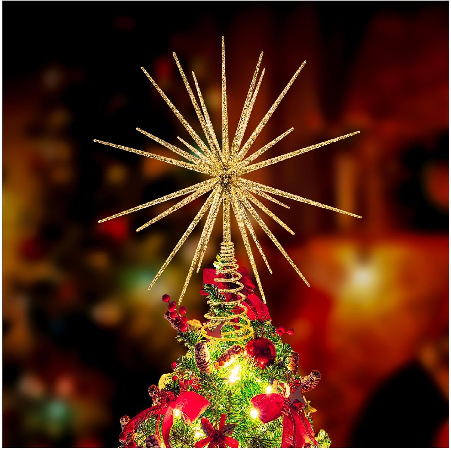 Etokfoks  1 Piece 13.7 Inch Gold Christmas Tree Topper Star Shape Lightweight Plastic with Iron Base Glitter Sequins Fits Most Tree Sizes