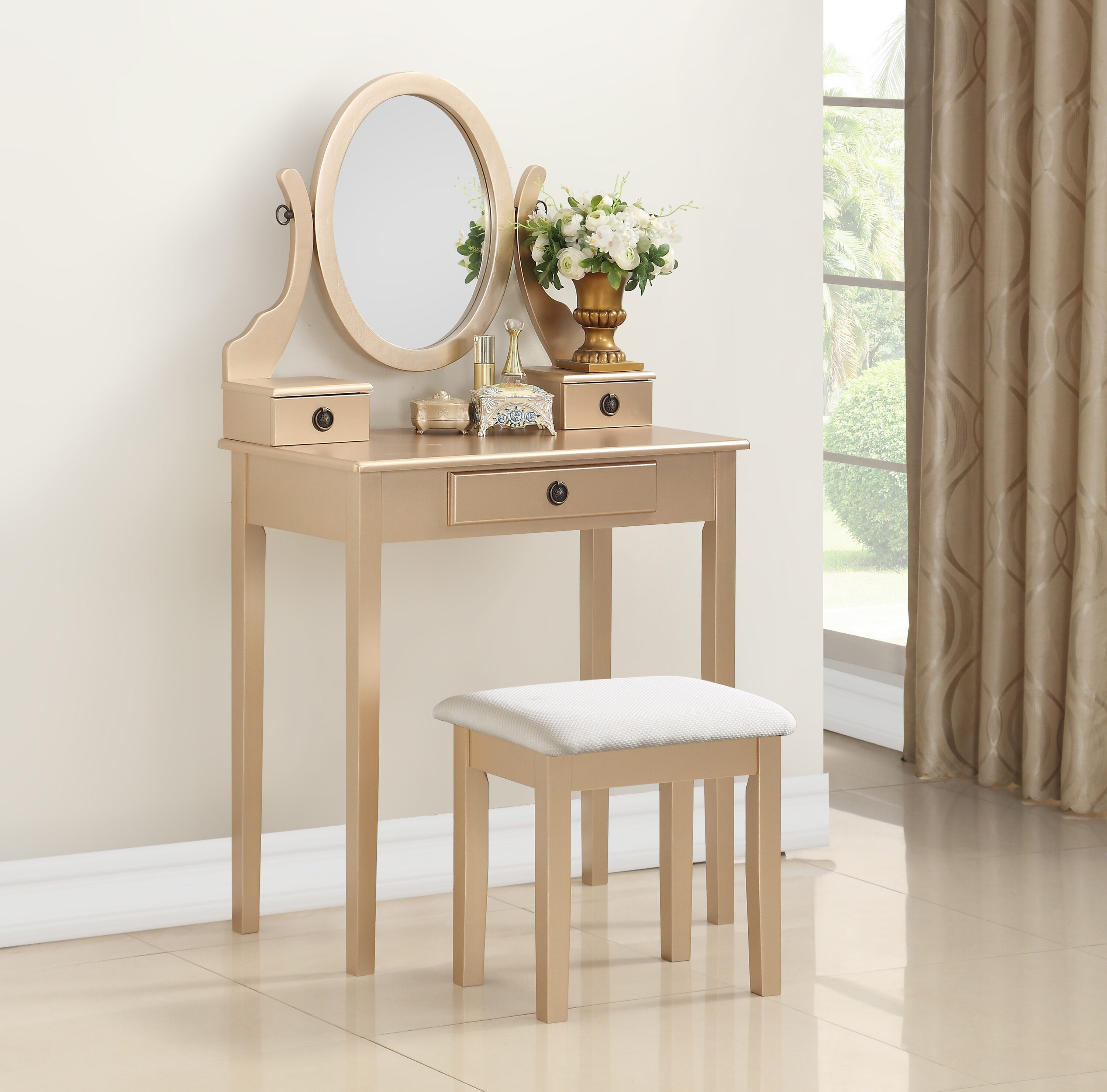 Tatayosi DJ2-4P163830 Gold Wooden Vanity Set with Swivel Mirror and Three Drawers Complete Makeup Station