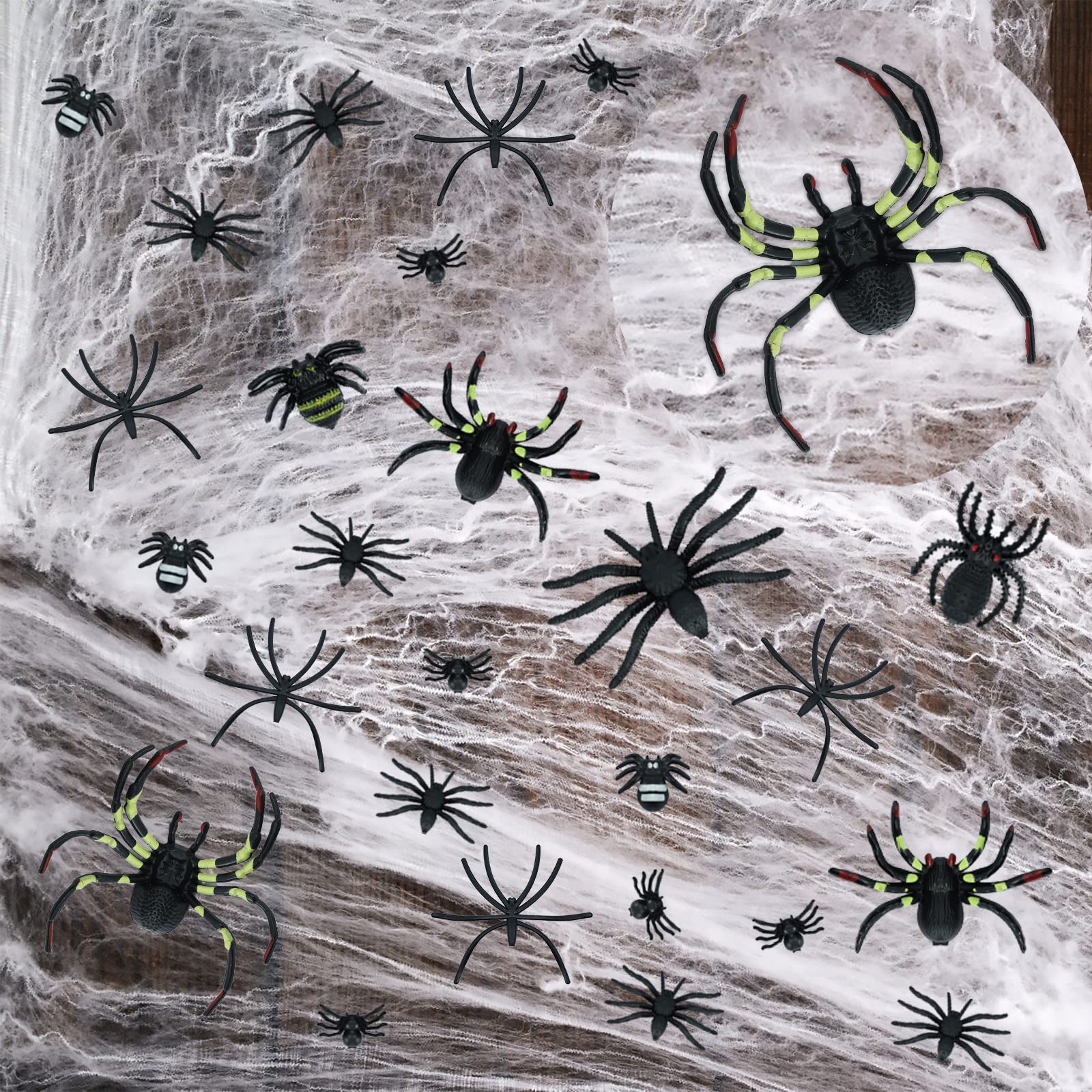 Justincity  Spider Webs Halloween Decorations with 77 Fake Spiders Super Stretch Cobwebs for Indoor and Outdoor Halloween Decor Covering 1000 Sqft