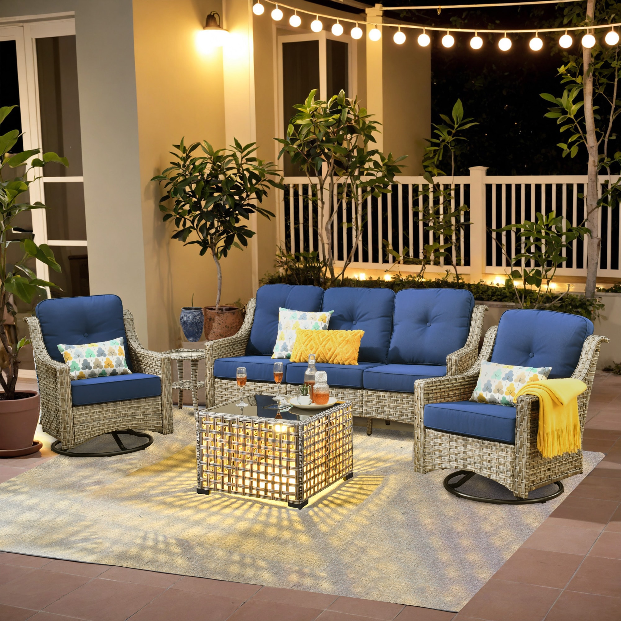 weaxty HMBYZPAD705-T Aireno 5 -Piece Rattan Patio Sofa Conversation Set with Blue Cushions
