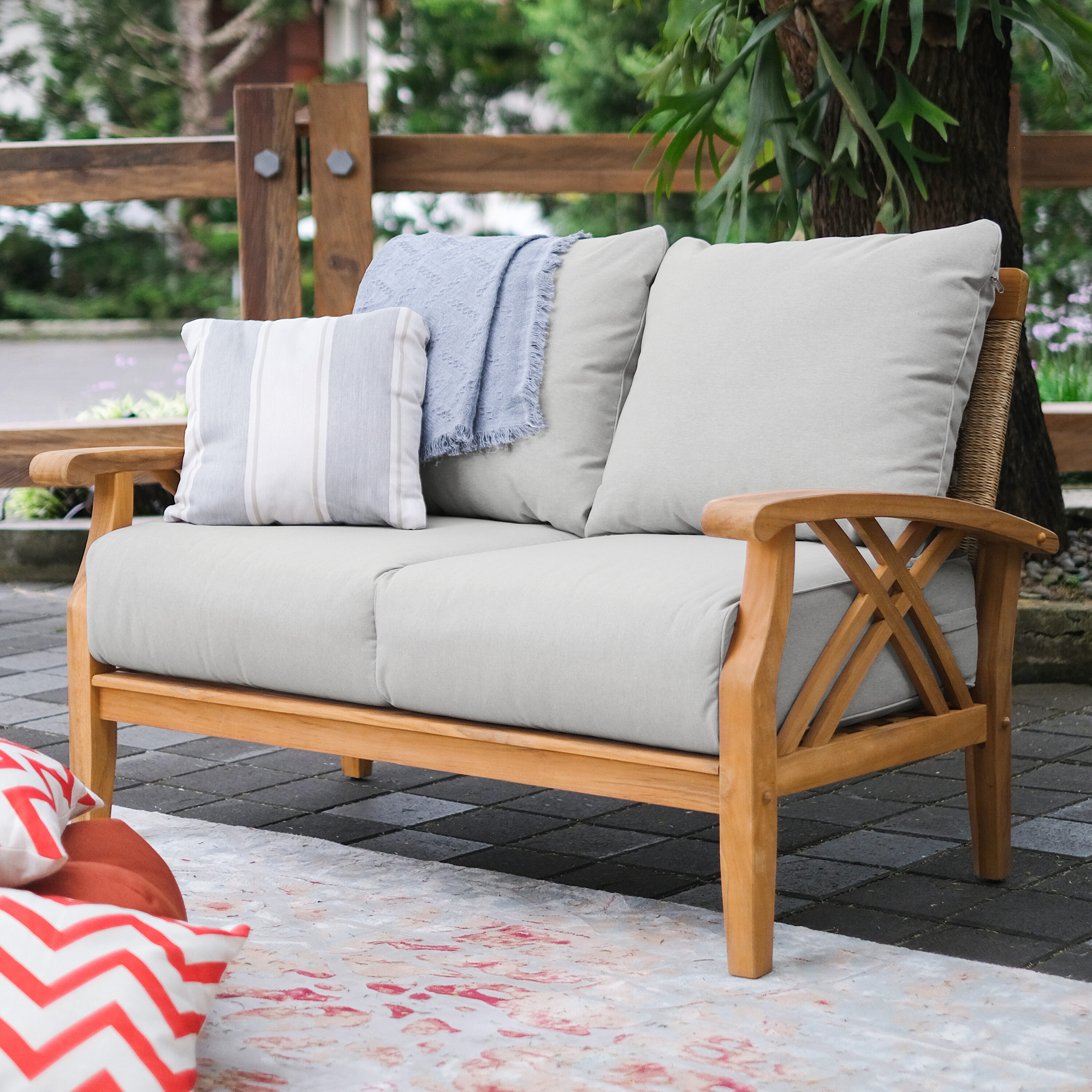 Cambridge Casual Carmel Rattan Outdoor Loveseat with Off white Cushions and Teak Frame in the Patio Sectionals Sofas department at Lowes