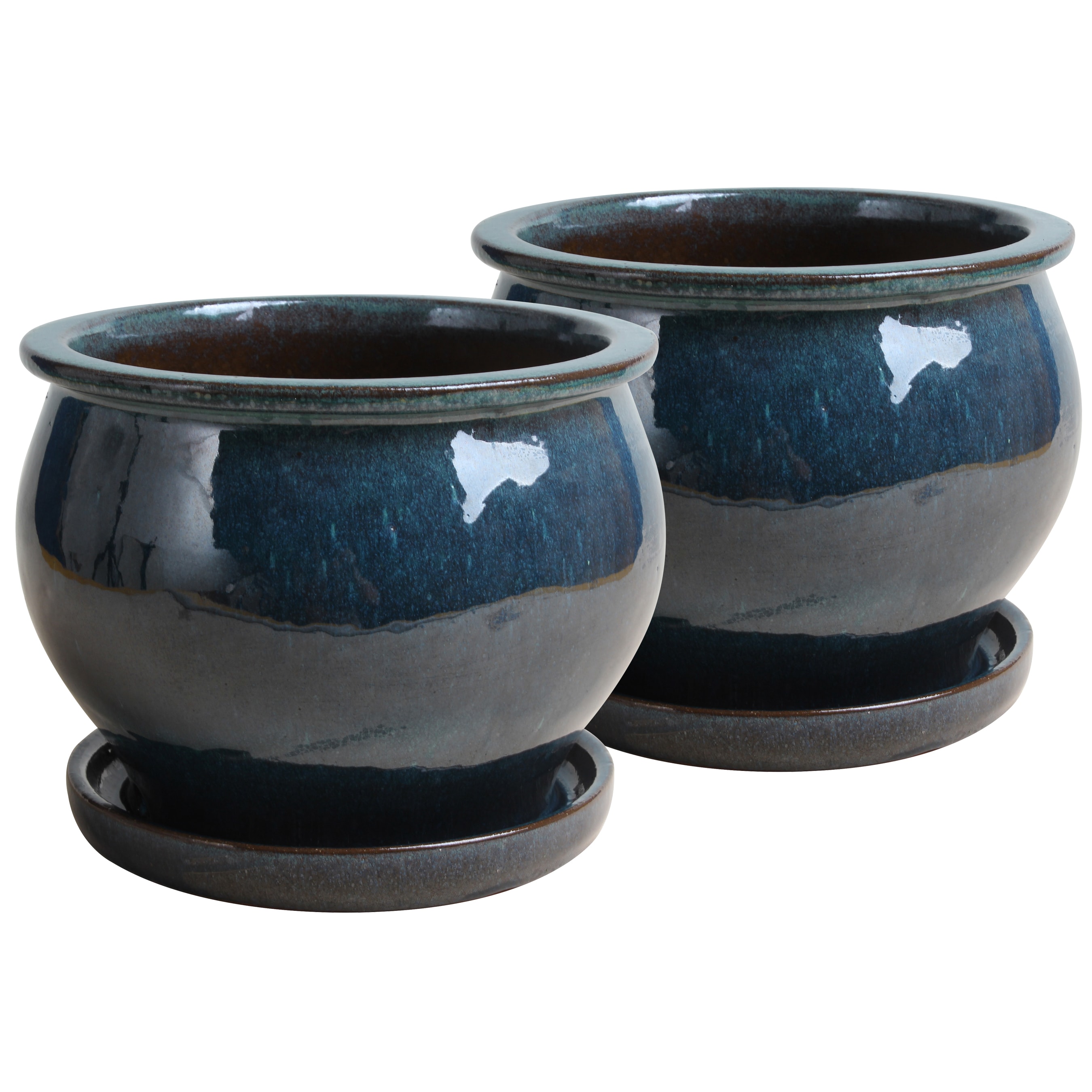 Trendspot LEDB10021-07JS Round 7.99-Inches W Small Blue Ceramic Indoor/Outdoor Planter with Drainage Holes Attached Saucer