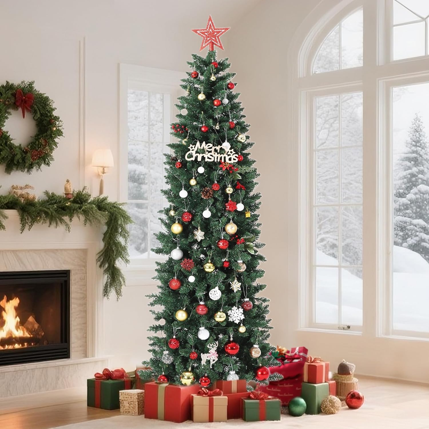 Qeetex WWJ-PHK-35HH3XAK 9FT Artificial Pencil Tree Prelit Easy Assembly for Home Office Party  Sturdy Metal Stand