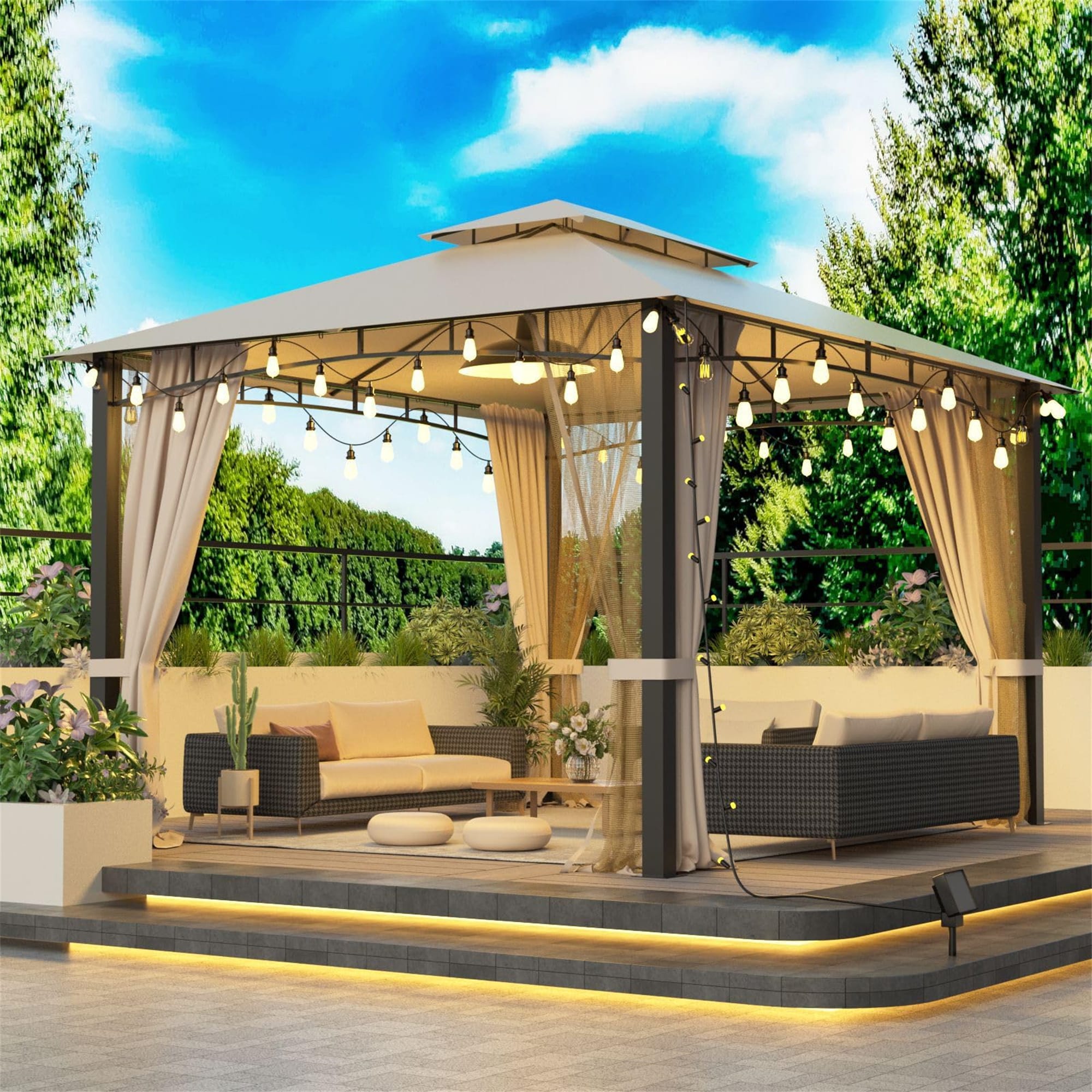 BABOOM BOM-1575AAB-OR 10-ft x 12-ft Softtop Metal Grill Gazebo Beige with Soft Top Roof (Screen Included)