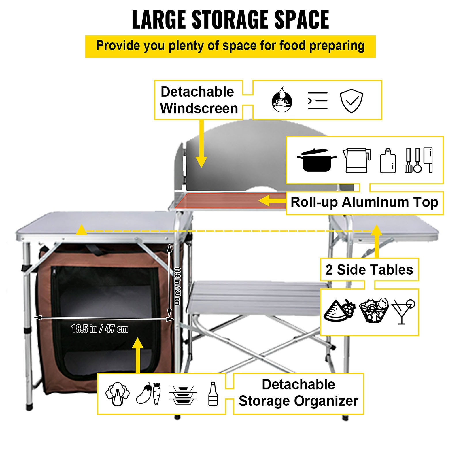 VEVOR Camping Kitchen Table, 3 Storage Organizer, Aluminum Windscreen  Outdoor Folding Grill Station with 2 Side Tables, Camping Supplies and