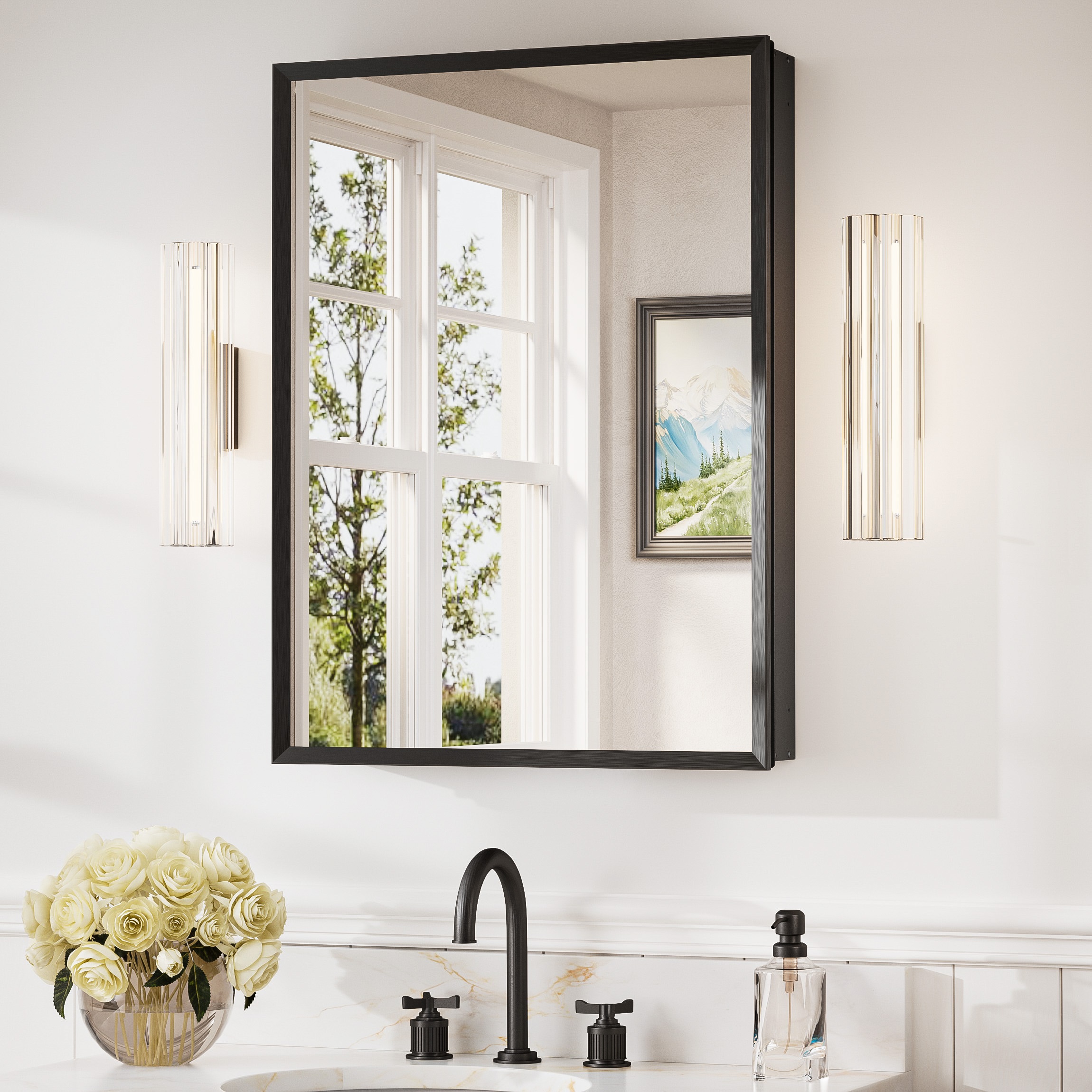 TETOTE 24x32 Matte Black Medicine Cabinets Mirrors Surface/Recessed Mount Mirrored Rectangle Soft Close Medicine Cabinets