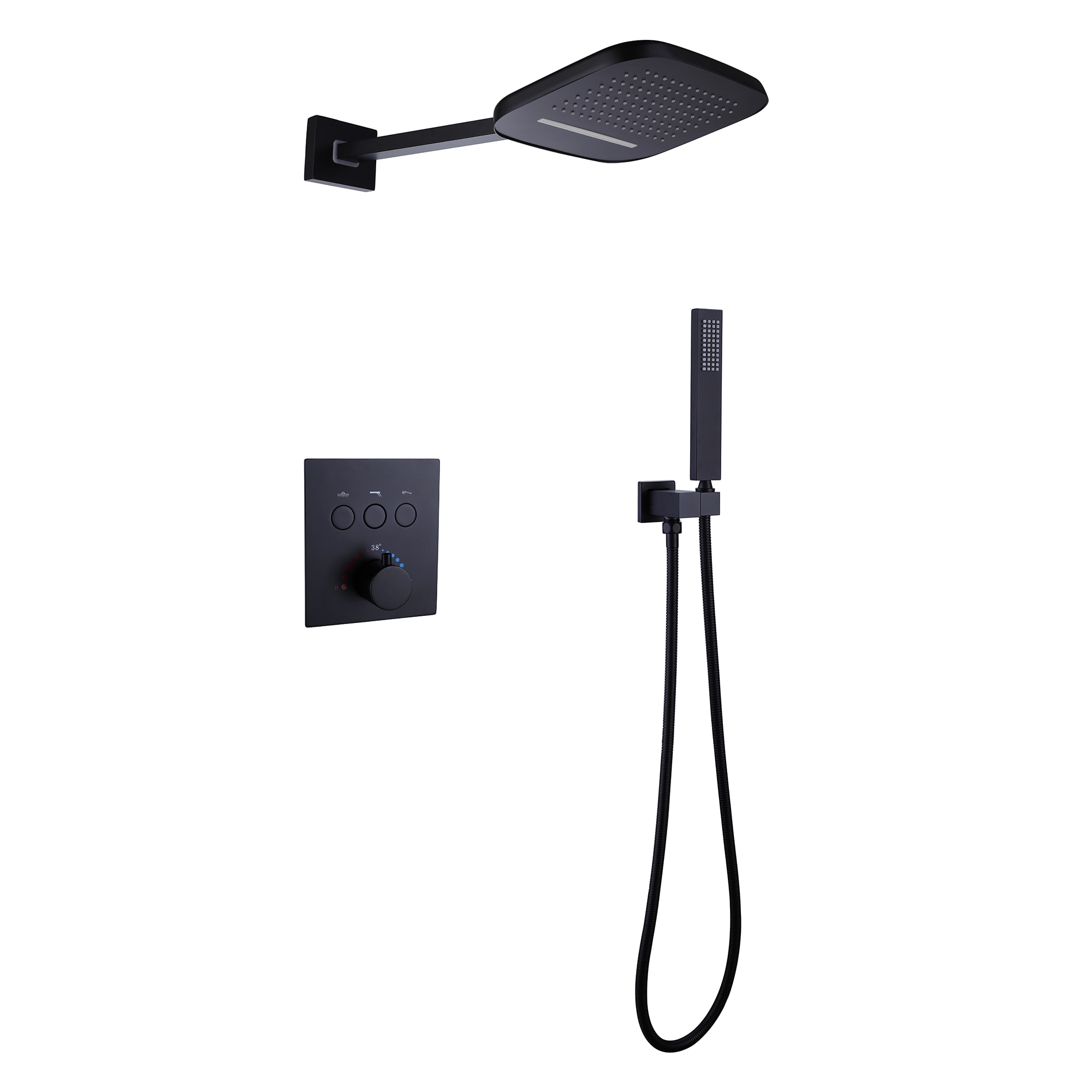 WELLFOR WB-1017 Matte Black 9.92-in Waterfall Dual Head Built-In Shower Faucet System with 2-way Diverter ( Thermostatic Valve Included )