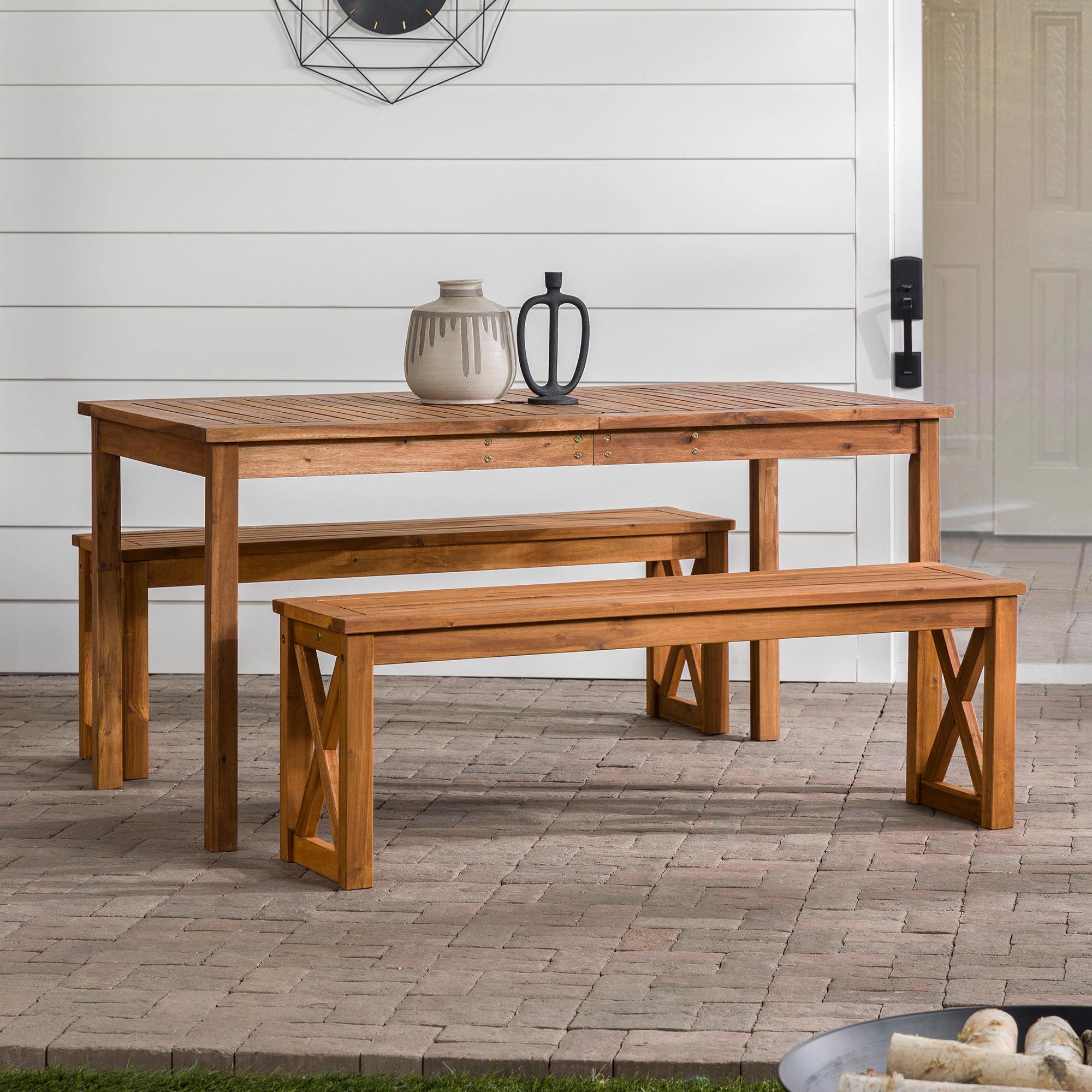 Walker Edison LWW3XSDTBR 3 -Piece Brown Patio Dining Set Wood Rectangle Table with 2 Stationary Chairs