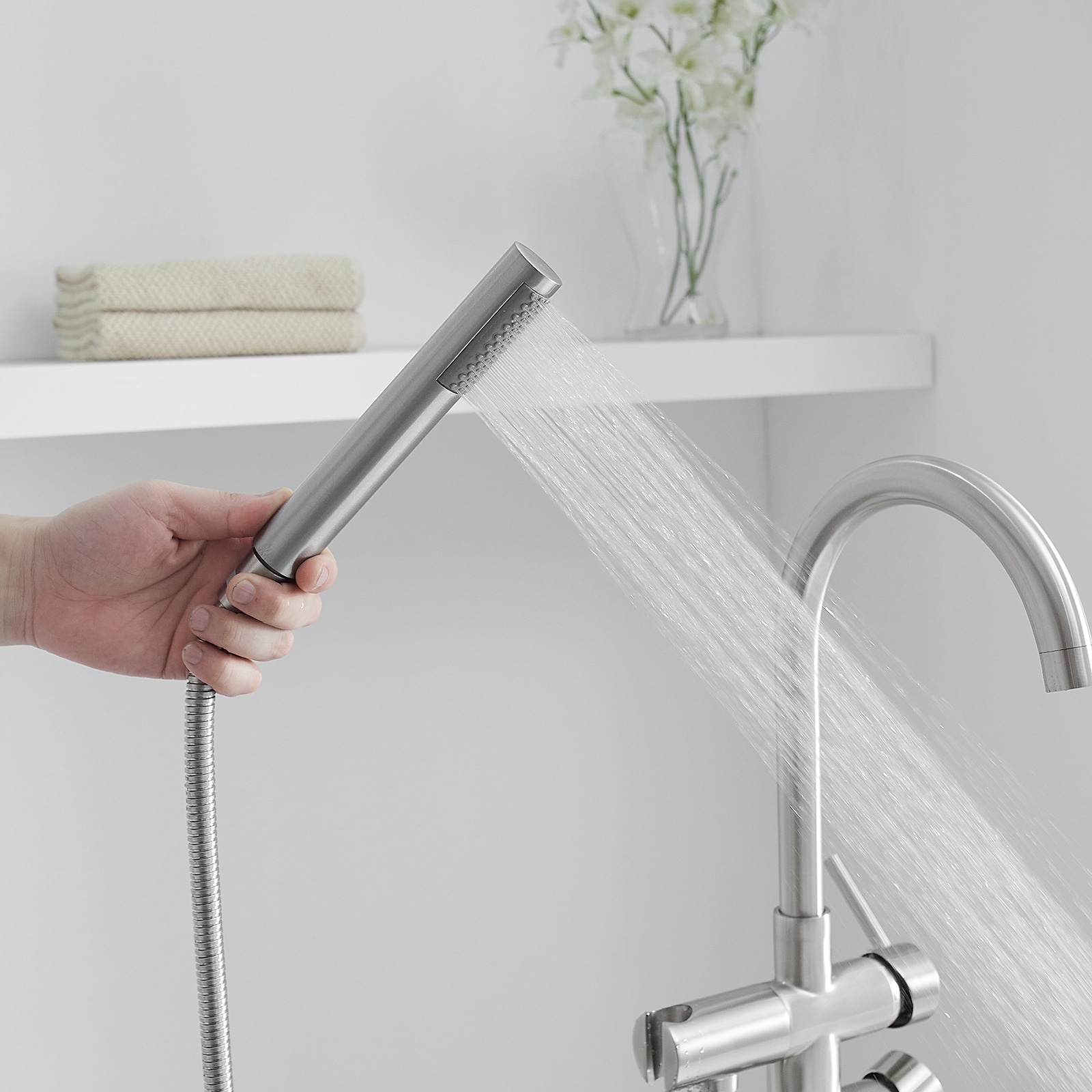 Brushed Nickel Freestanding Tub Filler with Hand Shower