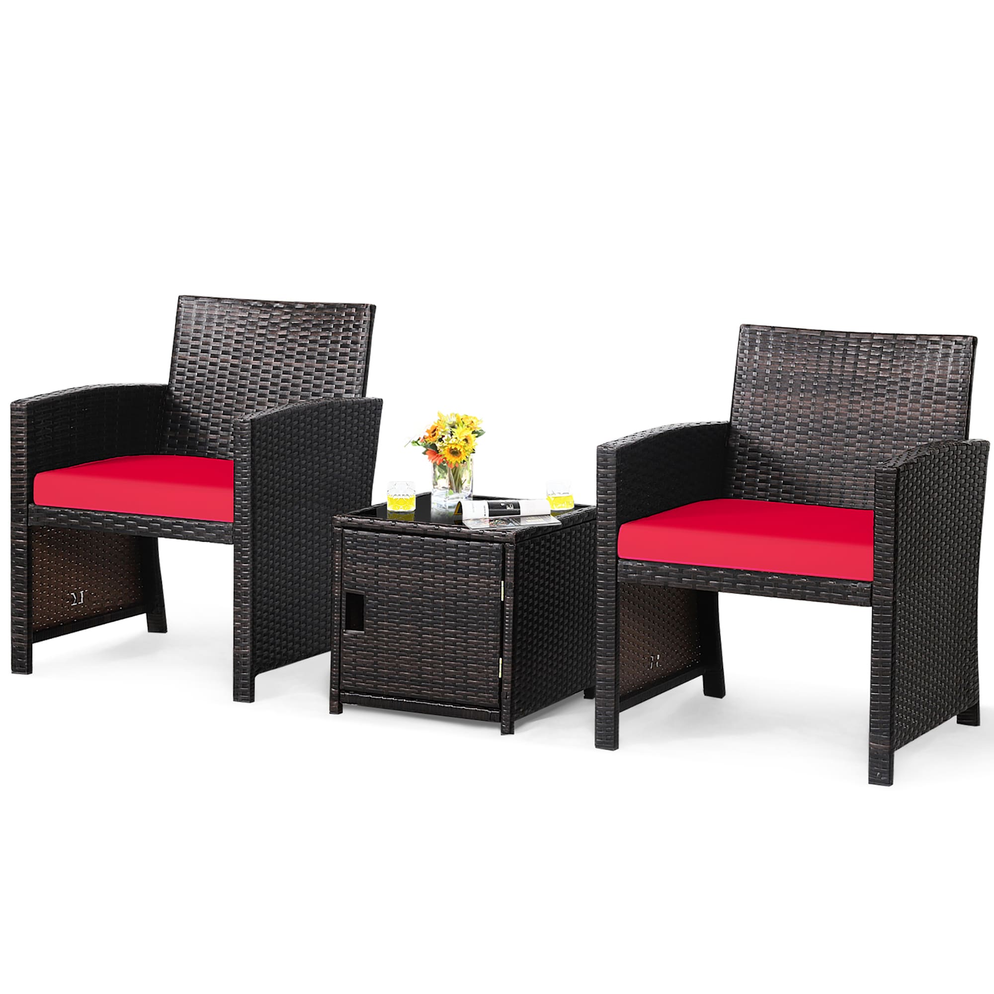 Costway HW69444RE 3 -Piece Rattan 2 Patio Sofa Conversation Set with Red Cushions