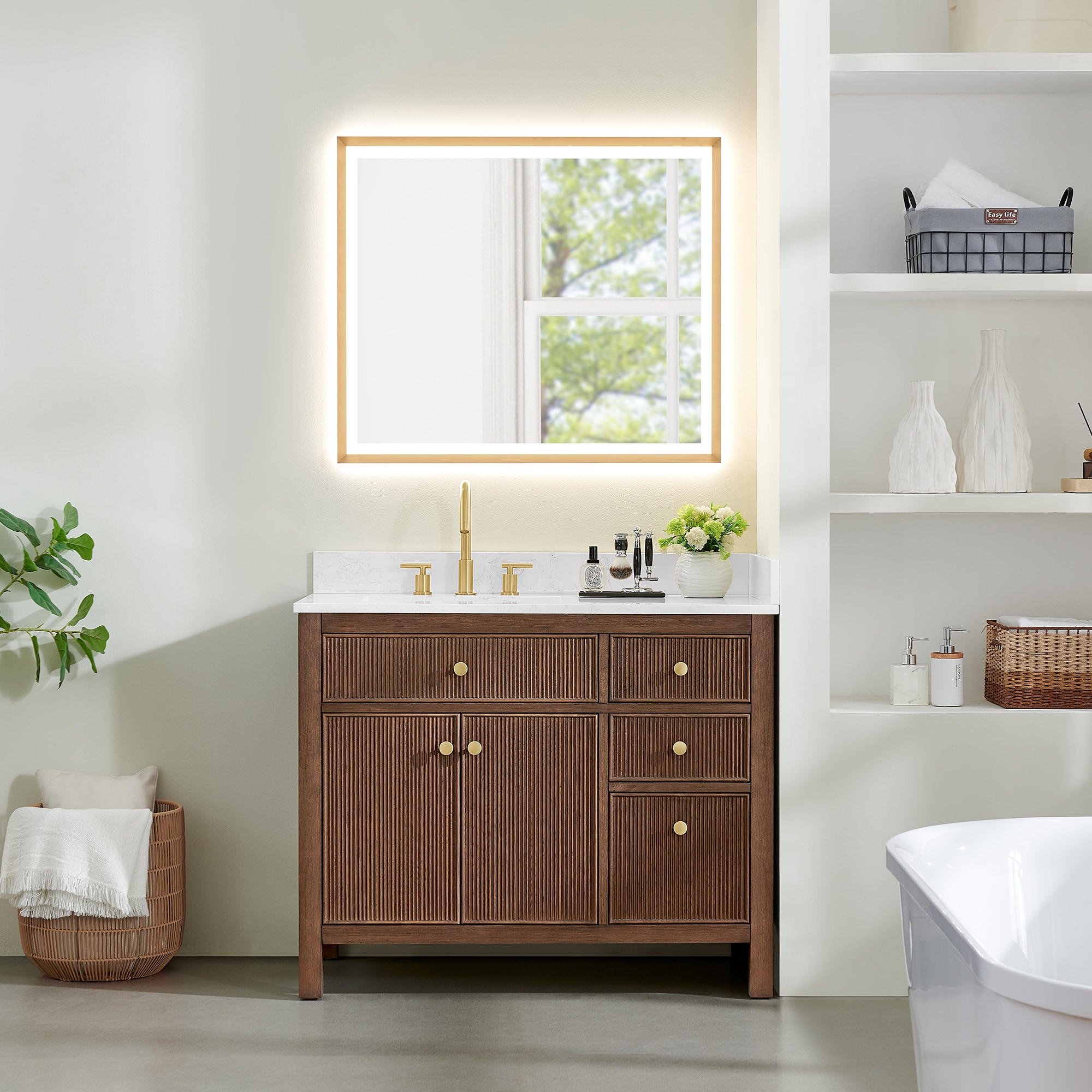 Altair 567042-BK-GW Cerrito 42-in Brown Brushed Oak Undermount Single Sink Bathroom Vanity with Grain White Engineered Stone Top (Mirror Included)