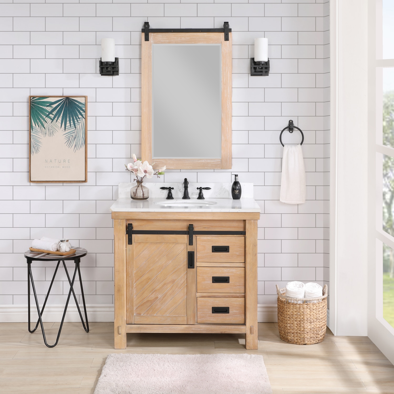 Vinnova 701736-WP-WS Cortes 36-in Weathered Pine Undermount Single sink Bathroom Vanity with White Engineered stone Top (Mirror Included)