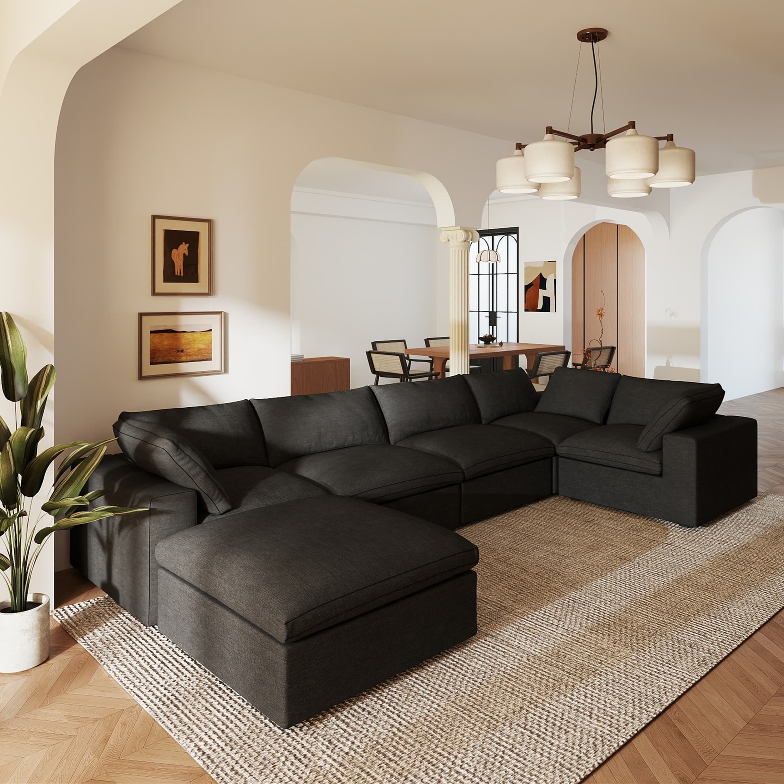 BuotiqHom DH-C5+1-121BK 118-in Modern Black Linen 5 -seater Sectional